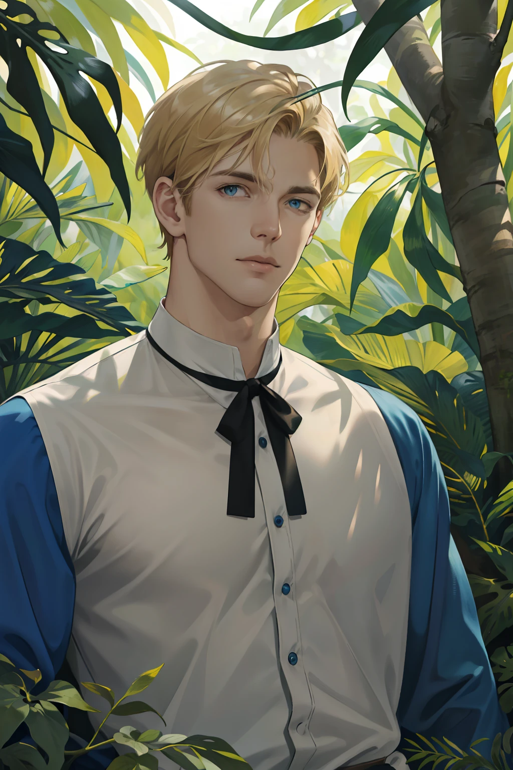 realistic, (absurdres, highres, ultra detailed), 1 male, solo, mature, tall muscular guy, broad shoulders, handsome, angular jaw, thick neck, BREAK, looking at viewer, short blonde hair, blue eyes, long sleeves, forest, trees full of greenery, fluttering leaves, natural light and shadow, Jungle exploration, lots of plants, depth of field, upper body, frontal