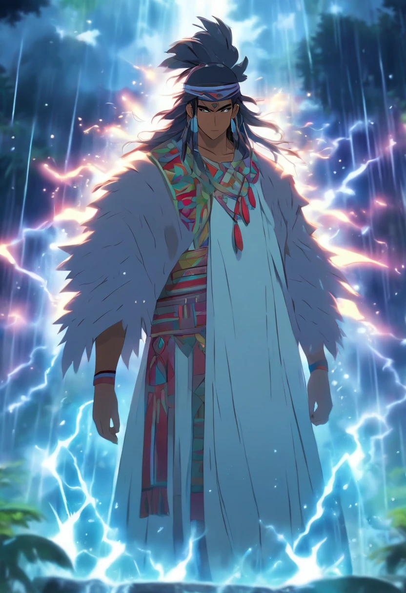 (((Peruvian man))) best quality, very high resolution, detailed CG in 4K, masterpiece, white clothes, rain, storm, Inca people, Inca tribes, Inca city, forest, aesthetics, beautiful image, centered on the screen, whole body