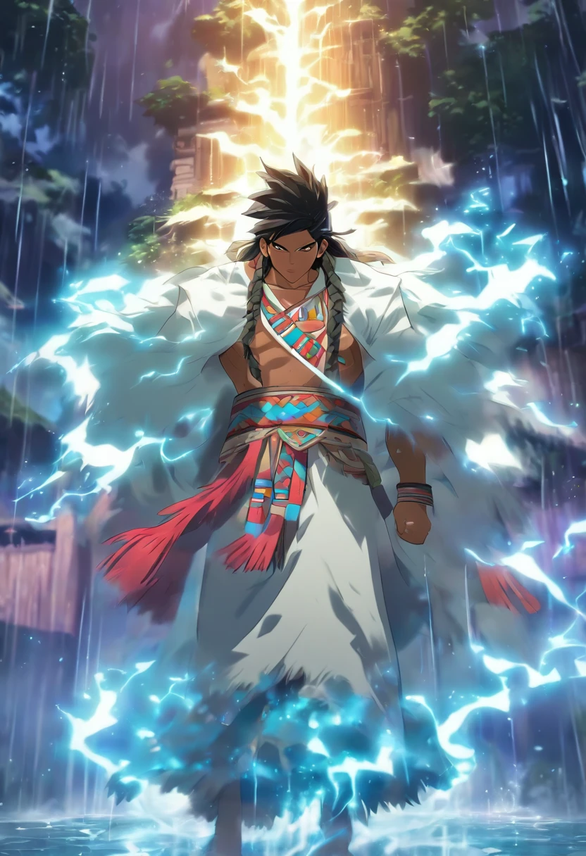 (((Peruvian man))) best quality, very high resolution, detailed CG in 4K, masterpiece, white clothes, rain, storm, Inca people, Inca tribes, Inca city, forest, aesthetics, beautiful image, centered on the screen, whole body