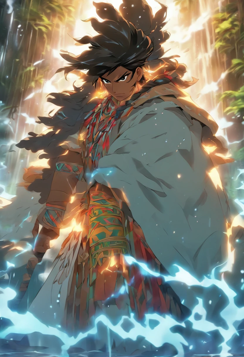 (((Peruvian man))) best quality, very high resolution, detailed CG in 4K, masterpiece, white clothes, rain, storm, Inca people, Inca tribes, Inca city, forest, aesthetics, beautiful image, centered on the screen, whole body