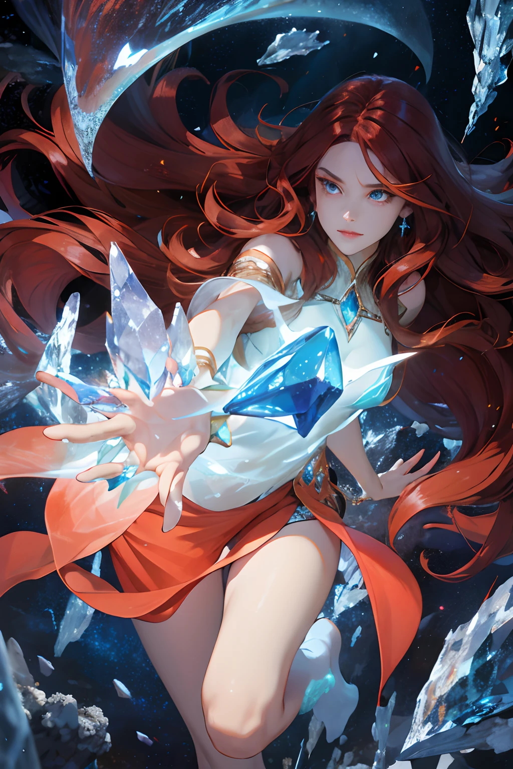 ,highres, ultra detailed), 1woman, wavy long hair, auburn hair, coral eyes, bangscrystal sorcerer, dynamic pose, earth themed clothessurrounded by blue magical crystalsepic ethereal atmosphere