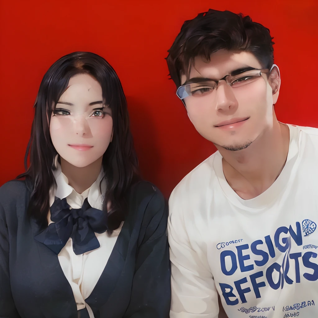 Masterpiece, Superb Clothing, (illustration), ((2 people)), ((Handsome young couple kissing and hugging),Masterpiece, (anime big breast), huge boob, Romantic, Best quality, 2others, couple, mature, Adult, Height difference, Different fashions, different colors, Casual clothes, Long sleeves, Smile, cheerfulness, Love, Swirling wind, Blue sky, Long-haired man, Man with light brown hair, Black-haired woman, Long-haired woman, Woman with glasses,they are posing for a picture in front of a red background,, portrait of two people, close - up studio photo, Happy young couple, cute couple, couples portrait,couples portrait,