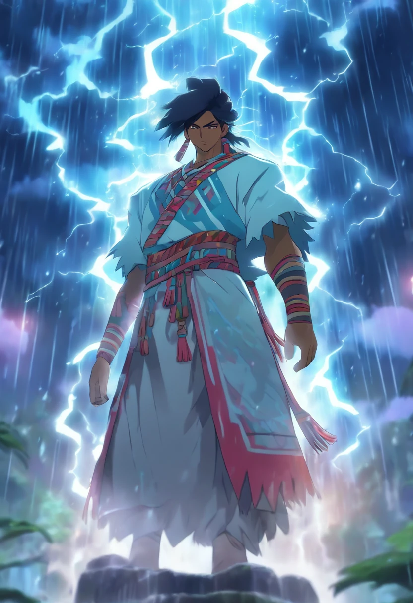 (((Peruvian man))) best quality, very high resolution, detailed CG in 4K, masterpiece, white clothes, rain, storm, Inca people, Inca tribes, Inca city, forest, aesthetics, beautiful image, centered on the screen, whole body