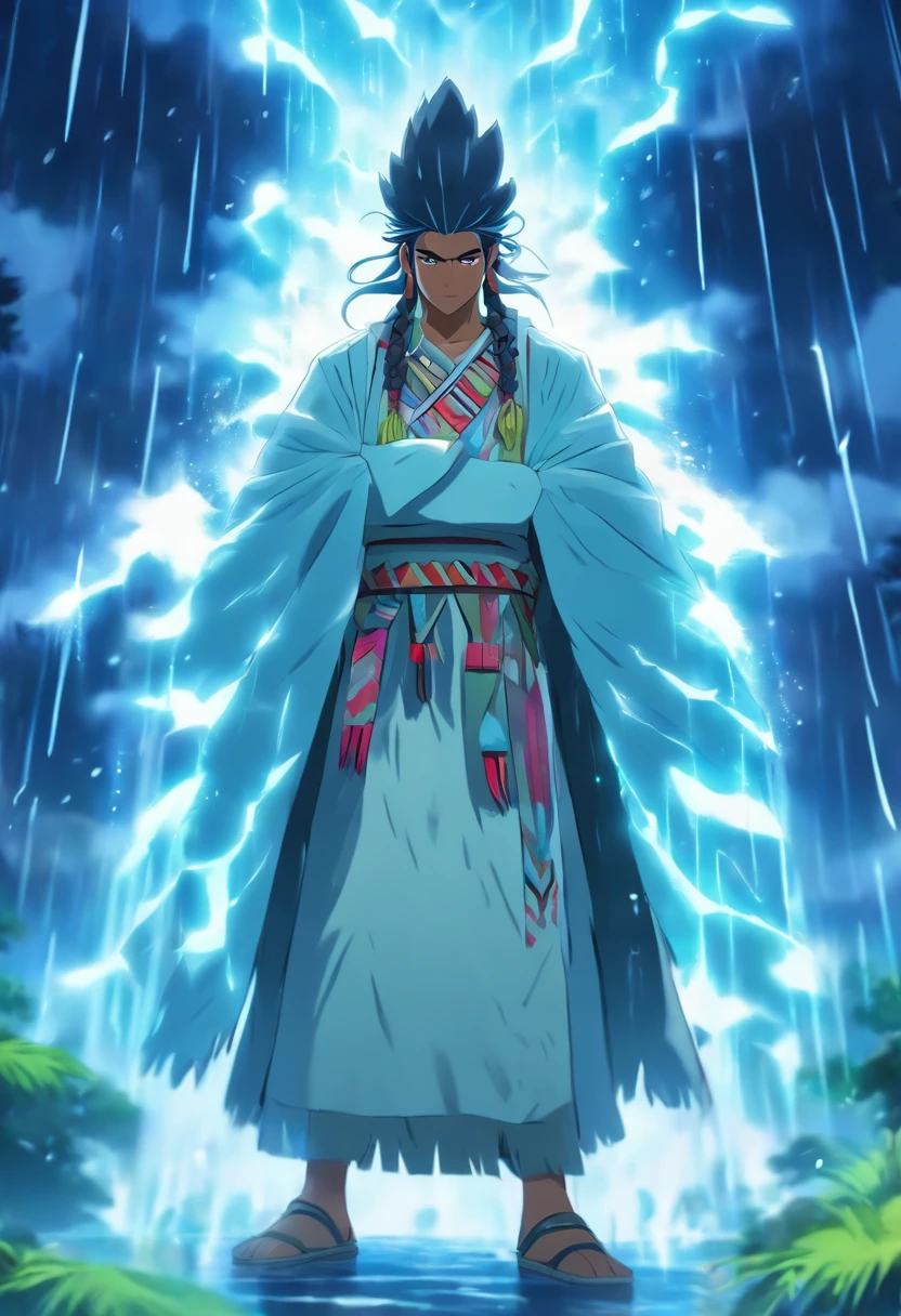 (((Peruvian man))) best quality, very high resolution, detailed CG in 4K, masterpiece, white clothes, rain, storm, Inca people, Inca tribes, Inca city, forest, aesthetics, beautiful image, centered on the screen, whole body