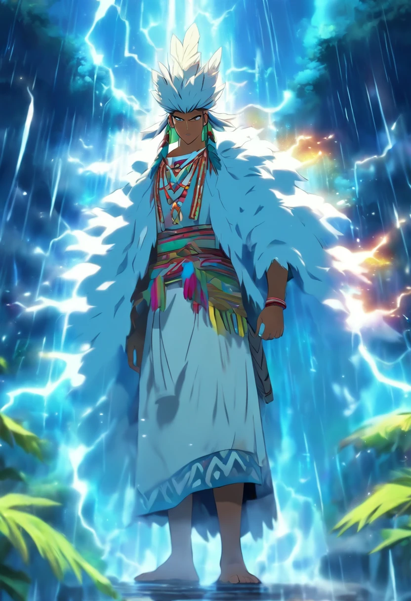 (((Peruvian man))) best quality, very high resolution, detailed CG in 4K, masterpiece, white clothes, rain, storm, Inca people, Inca tribes, Inca city, forest, aesthetics, beautiful image, centered on the screen, whole body