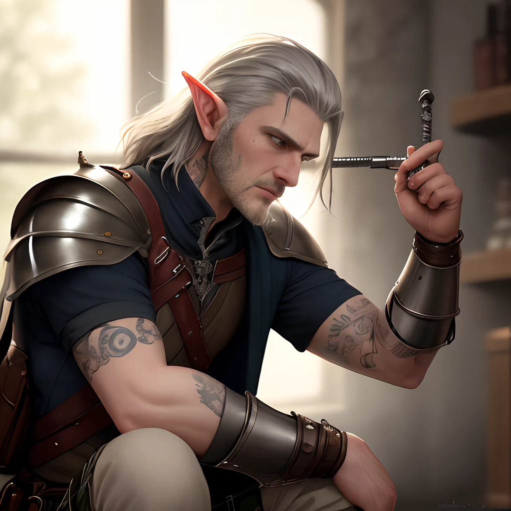 Vex.
ah high (170 centimeters) Pale Elf 103 years old. pale skin, black shoulder-length hair (Gathers in the tail). There are a lot of scars all over my body, reminiscent of past adventures. On his left chest is a tattoo of his family. Always clean-shaven (or doesn't grow).
I moved from my native place about 60 years ago (He does not name the reason) and since then he has been engaged in mercenary activities. He speaks universally without an accent, but often interjects words in Elvish in conversation (To make the other person angry). All races are treated with disdain (even to other elves). At the same time, he considers, that sometimes they can be useful (This applies to the).
He wears leather armor over a white shirt and a kilt (to the knees). Armed with a rapier and a pistol. On his belt are a bunch of bags with ammunition.
A man of few words, Calm, has a specific sense of humor.
Claims he didn't eat people (But this is not accurate). Loves money and a good fight.