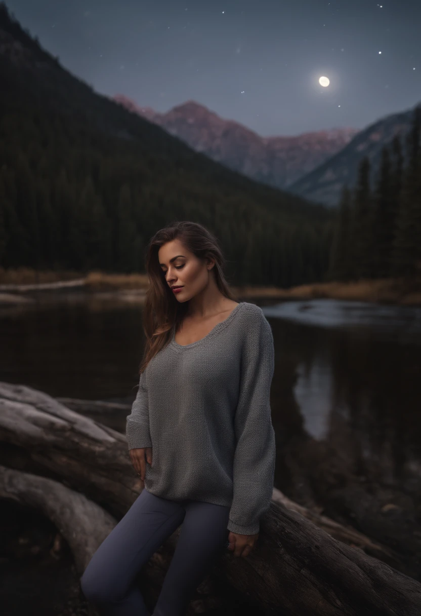 photorealistic, best quality, hyper detailed, beautiful woman, selfie photo, full body, solo, wearing pullover, wearing yoga pants, outdoors, (night), mountains, real life nature, stars, moon, (cheerful, happy), sleeping bag, gloves, sweater, flashlight, forest, rocks, river, wood, smoke, fog, clear sky, analog style, looking at viewer, skin texture, film grain, close up, ultra high res, best shadow, RAW, instagram LUT
