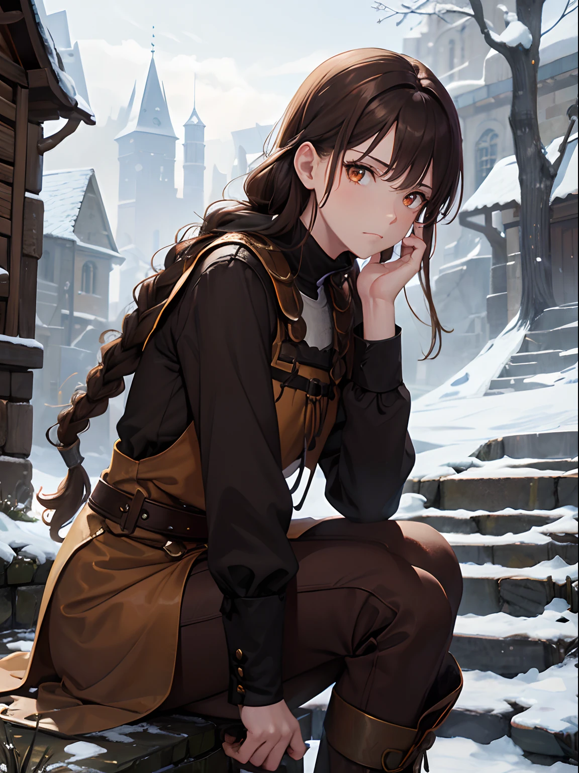 Close up, fantasy world, stone city, stone stairs, snow, adult woman, dirty, guard, long brown hair, brown hair braids, orange eyes, tired look, frown, medieval clothing, brown tunic, black pants