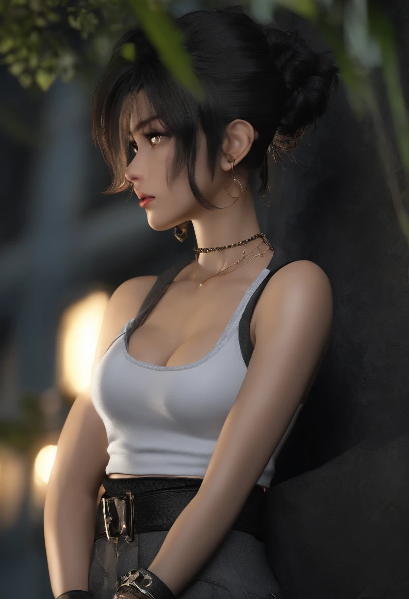 style photo, ( masterpiece, raw:1.4 )Ponytail hair, black hair, black mask, black wristband, crop top, Goku pants, stylized goku boots, female focus, pretty face, pretty girl, sleeveless crop top, short hair, solo ((masterpiece))Highest quality, (very detailed background:1.5),(photorealistic, raw, extremely intricate:1.2) , giving the scene a dark atmosphere but sculpting the forms in sharp chiaroscuro, it is morning time, (highly detailed skin), skin texture, (detailed face), closed mouth, black eyes, full body, pants, grey background, torn clothes, spiked hair, round pupils, sunny day, detailed background, sharp focus, twilight lighting, volumetric lighting, highly detailed, intricate details, 8k, highly detailed, UHD, HDR, young face, bright lights