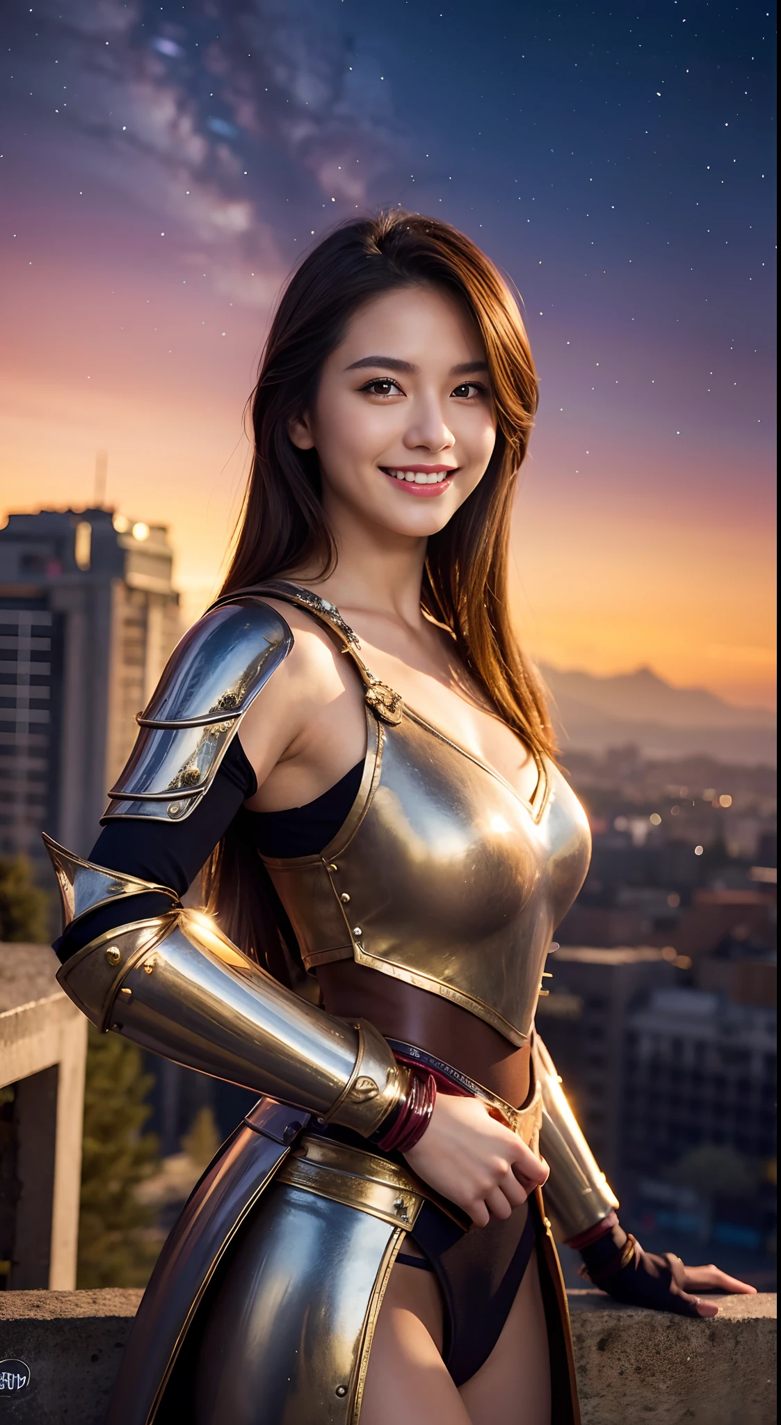 masterpiece,10, .CGI,Realistic:2,long shot, youthful,((she is smiling, stand,any pose,)), 25 years old girl.or,(((Knight Movie ))), Good looking, The body looks great., Ant or my wonderful,(((Night fantasy style background))), Eagle View, scenary.
