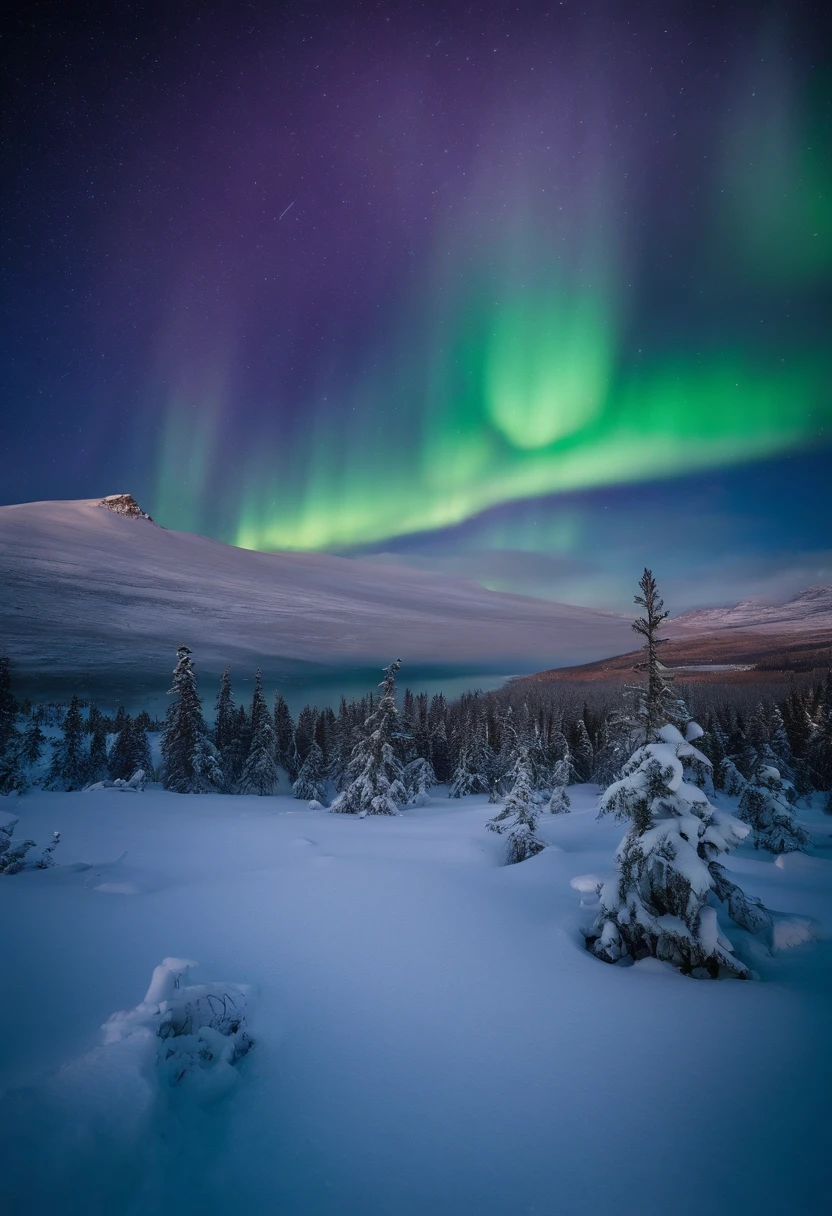 "Generate a breathtaking and expansive snowy landscape that is bathed in the ethereal glow of the Northern Lights. Picture a vast, pristine expanse of snow stretching as far as the eye can see, intricately detailed with delicate snowflakes and gentle drifts that sparkle under the mesmerizing dance of the aurora borealis. The hues of green, blue, and purple from the Northern Lights paint the night sky with a surreal and enchanting display.
In the foreground, imagine a collection of traditional igloos meticulously crafted with intricate ice and snow designs, each illuminated softly from within. Around these igloos, visualize a group of people wrapped in cozy fur coats, gathered together in the warmth of a crackling fireplace. Their expressions and gestures should reflect a sense of camaraderie and comfort, as they share stories and laughter, creating a heartwarming sense of community in the midst of the wintry landscape.
The snow-covered terrain should exhibit a rich tapestry of textures, showcasing the delicate patterns of individual snowflakes, the smooth undulations of snowdrifts, and the subtle glimmer of ice crystals. The Northern Lights should be depicted with a captivating luminosity, their ethereal ribbons of light casting a soft, enchanting glow over the entire scene.
The image should evoke a feeling of warmth and wonder, as the contrast between the icy wilderness and the cozy camaraderie around the fire highlights the resilience and spirit of those living in this winter wonderland. Please ensure that the final artwork captures the magic of this snowy landscape, with meticulous attention to the intricate details of the igloos, the natural textures of the snow, and the captivating allure of the Northern Lights, providing viewers with an immersive and enchanting visual experience."