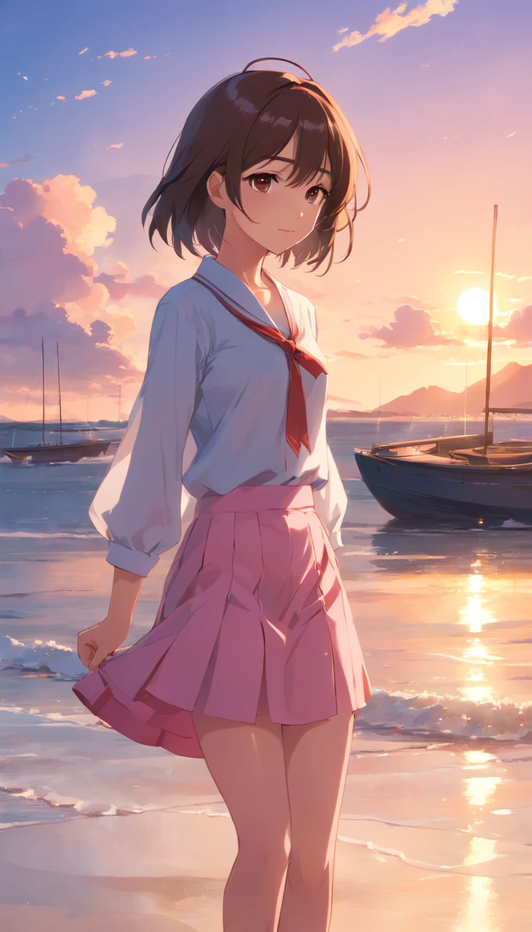 best qualtiy,tmasterpiece,超A high resolution,(真实感:1.4),RAW photogr,Warm lights,Sea and beaches,1girl in,Walking on the beach,White collar blouse,short pink skirt,Sandals,the setting sun,cabelos preto e longos,(slim,Dignified,Shy Expressions),Beautiful age girl,beautiful goddess,Detailed scene, beautiful digital illustrations, detaileds,ultra-detailliert, cinematic quality,((From below))