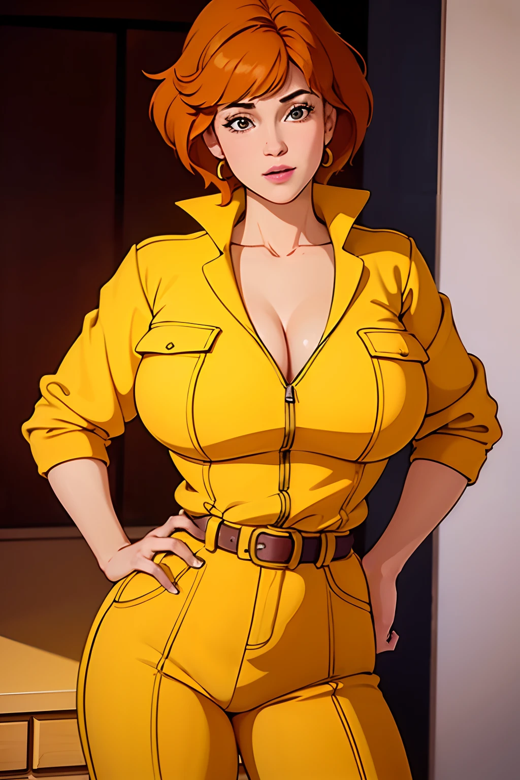 Cowboy shot, April O'Neil, 1980s \(style of\), 1girl, muscle girl, brown hair, orange hair, retro artstyle, Short hair, 独奏, Yellow jumper suit, Hip jumper suit, huge_tits, big biceps, cleavage