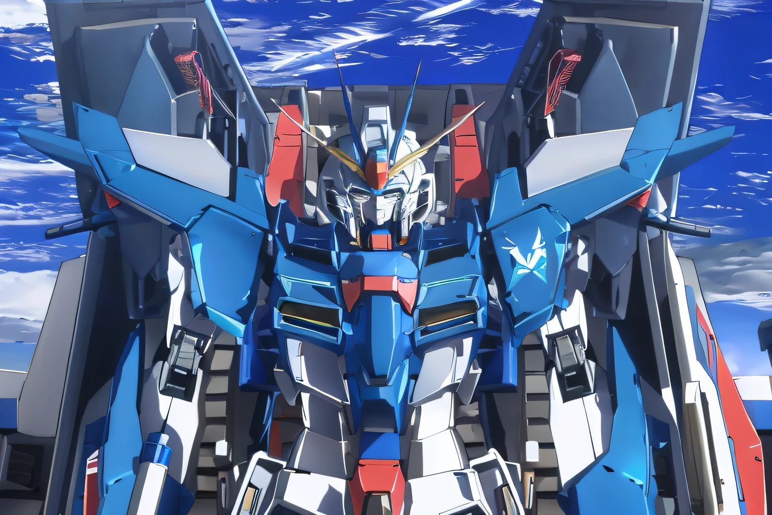 Close-up of large blue and white robot standing on a runway, on a gundam, modern mecha anime, anime large mecha robot, gundam, gundam is windmill shaped, screenshot from a 2012s anime, Mobile Suit Gundam, Gundam Robot, Extreme Gundam, gundam style, mecha anime, Mobile Suit, Gundam armor 4K