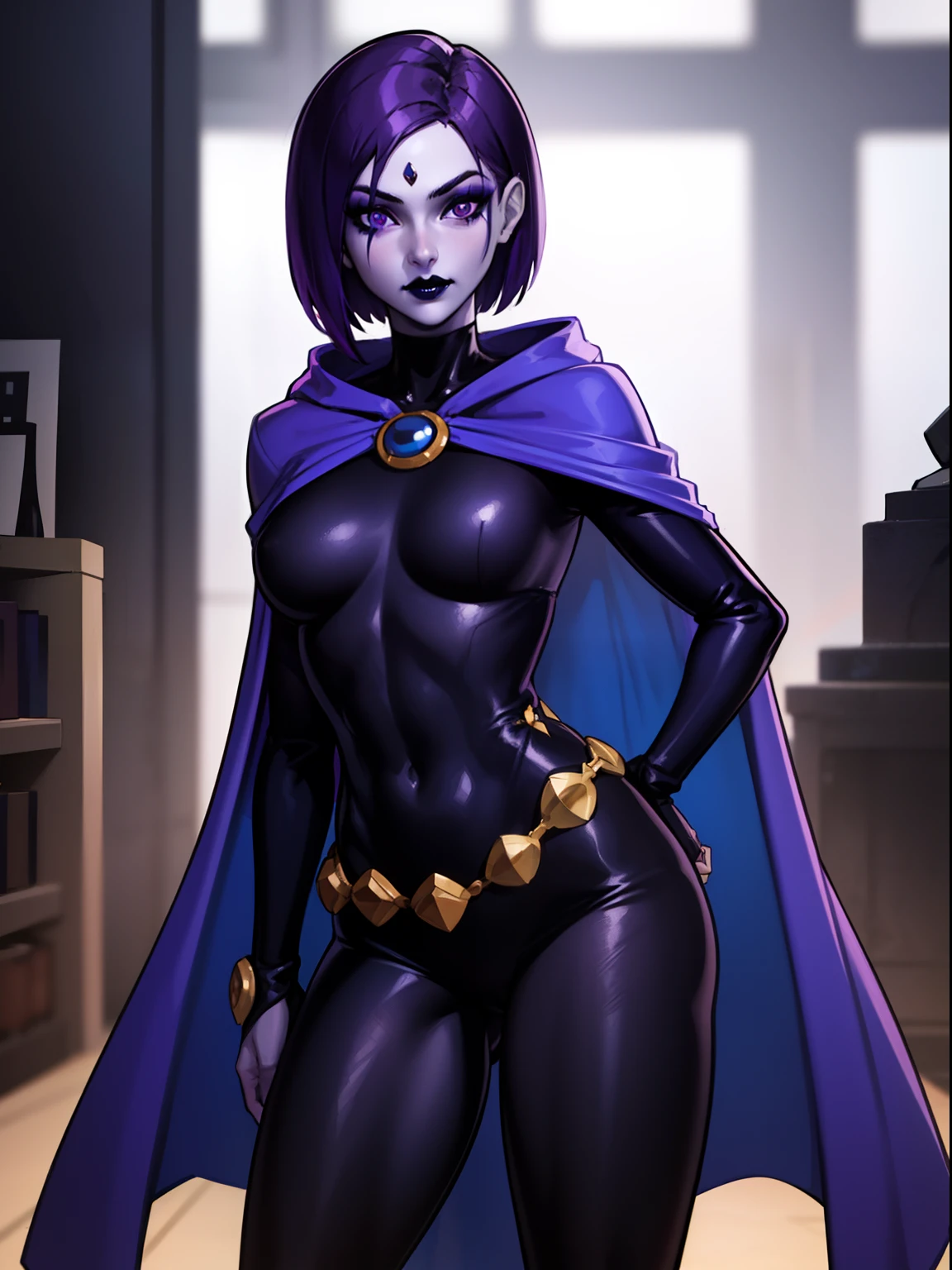1girl,solo,short hair,purple hair, purple eyes, RavenTT, navy-blue cloak, black leotard, brooch, belt,makeup,black lipstick,grey skin,hand on ????, looking at viewer, standing, indoors