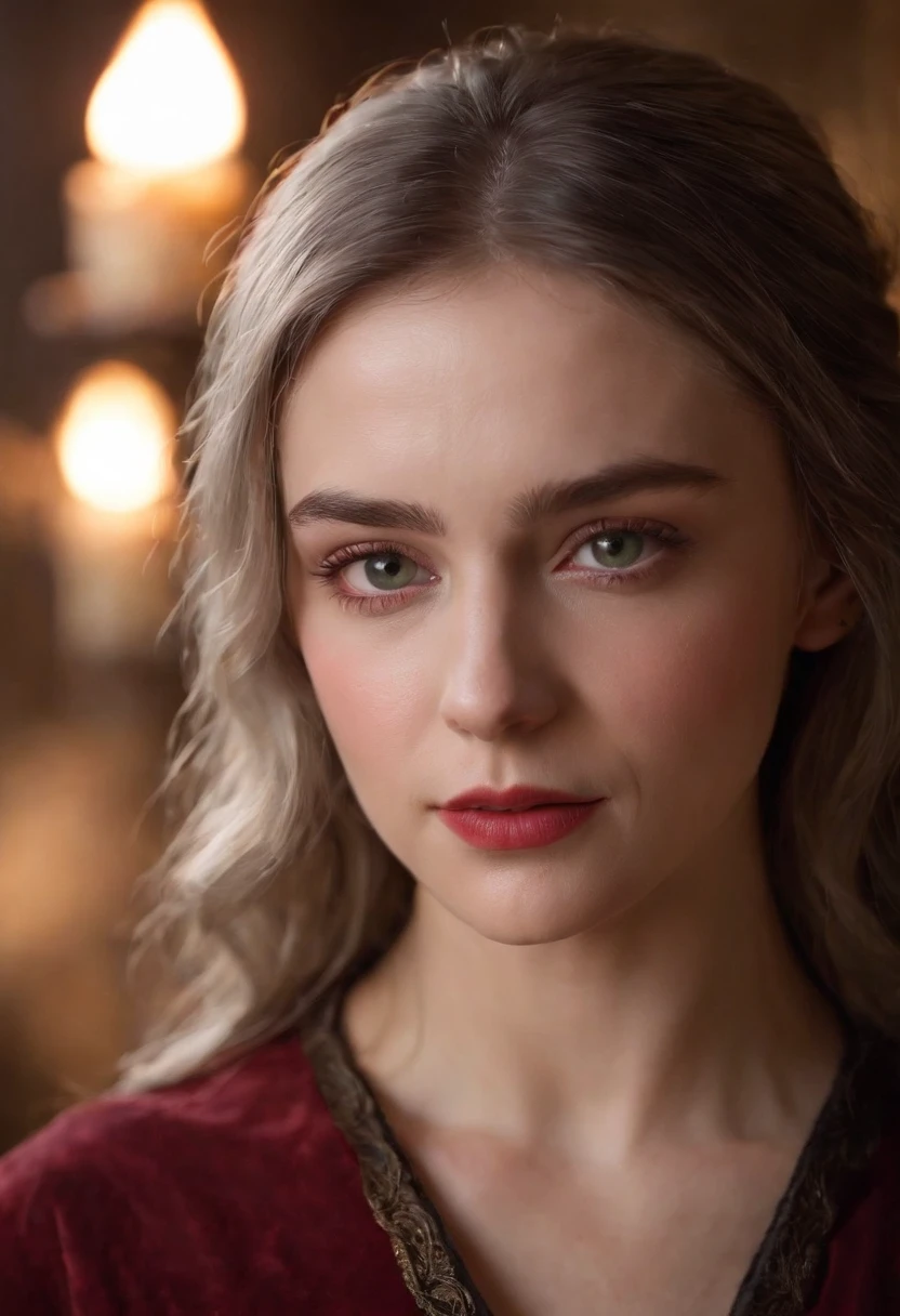 (((A deep red wound streaked across her left cheek))) Fair complexion, A woman around 19 years old, Natural gray hair, Unique green eyes, Wear Cole, Slender and graceful, Beautiful, Candlelight in a medieval setting, super sharp focus, realistic lens, Medieval women's clothing, Four colors (Scar:1.4)