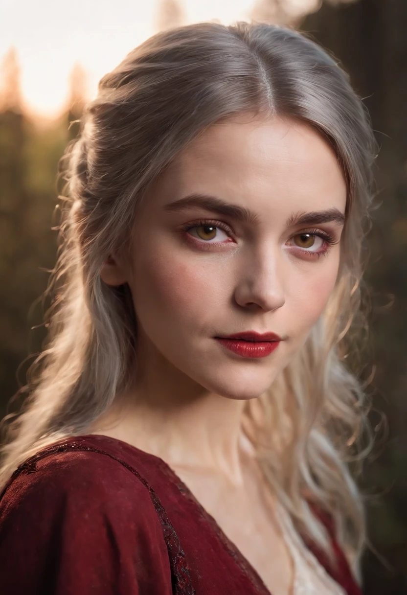 (((A deep red wound streaked across her left cheek))) Fair complexion, A woman around 19 years old, Natural gray hair, Unique green eyes, Wear Cole, Slender and graceful, Beautiful, Candlelight in a medieval setting, super sharp focus, realistic lens, Medieval women's clothing, Four colors (Scar:1.4)