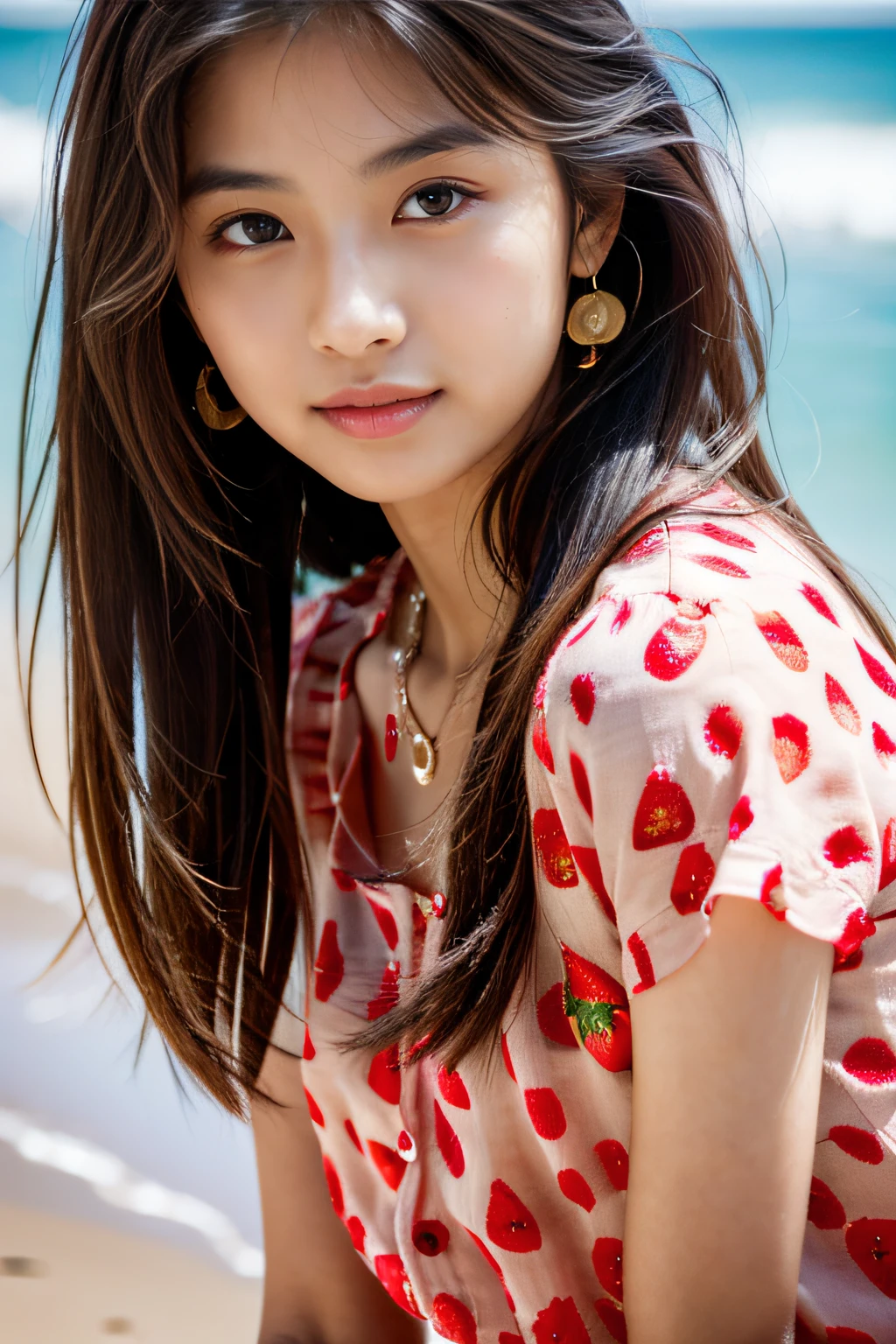 (Masterpiece:1.3), (8K), (Best Quality:1.4), (UHD), (Photorealistic), (Raw Photography), (1girl), (Ultra High Details), (Detailed face), perfect face, (Detailed hair), Beautiful hair, bangs, Layer Cut, (symmetrical eyes:1.3), (Detailed eyes), (Detailed skin), Realistic skin, Ultra high definition, (medium breasts:0.6), (slim figure), (super model figure), gentle smile, Japanese young cute girl,
(wearing a Strawberry color damask pattern shirt), earrings, necklace,
Portrait, On the beach in Okinawa, close up face:1.3,