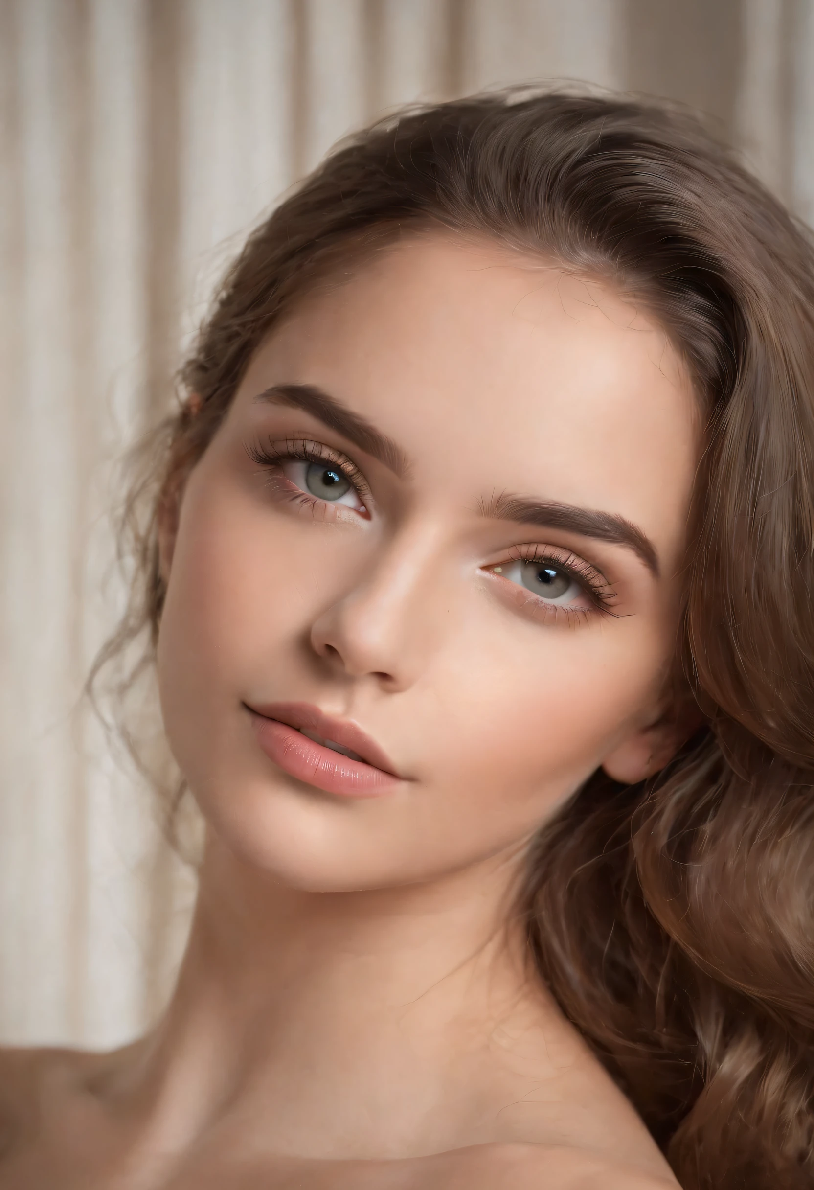 mulher arafed totalmente , menina sexy com olhos azuis, ultra realistic, meticulosamente detalhado, Retrato Sophie Mudd, cabelos escuros e olhos grandes, selfie de uma jovem mulher, Olhos do quarto, Violeta Myers, sem maquiagem, maquiagem natural, Looking directly at the camera, Rosto com ArtGram, maquiagem sutil, impressionante tiro de corpo inteiro ajoelhado na cama, no quarto, busto de tamanho grande, ultra-realista, sensual