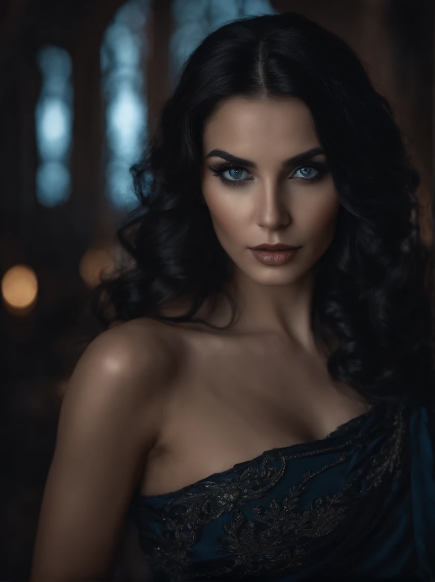 8k portrait of a beautiful necromancer with black hair, intricate, elegant, Highly detailed, majestic, Digital photography, (Masterpiece, Side lighting, Beautiful finely detailed eyes: 1.2), HDR, (Detailed background courtyard at night) eyes blue, black dress, dark magic, ice and fire spells coming out of her hands, huge breasts.