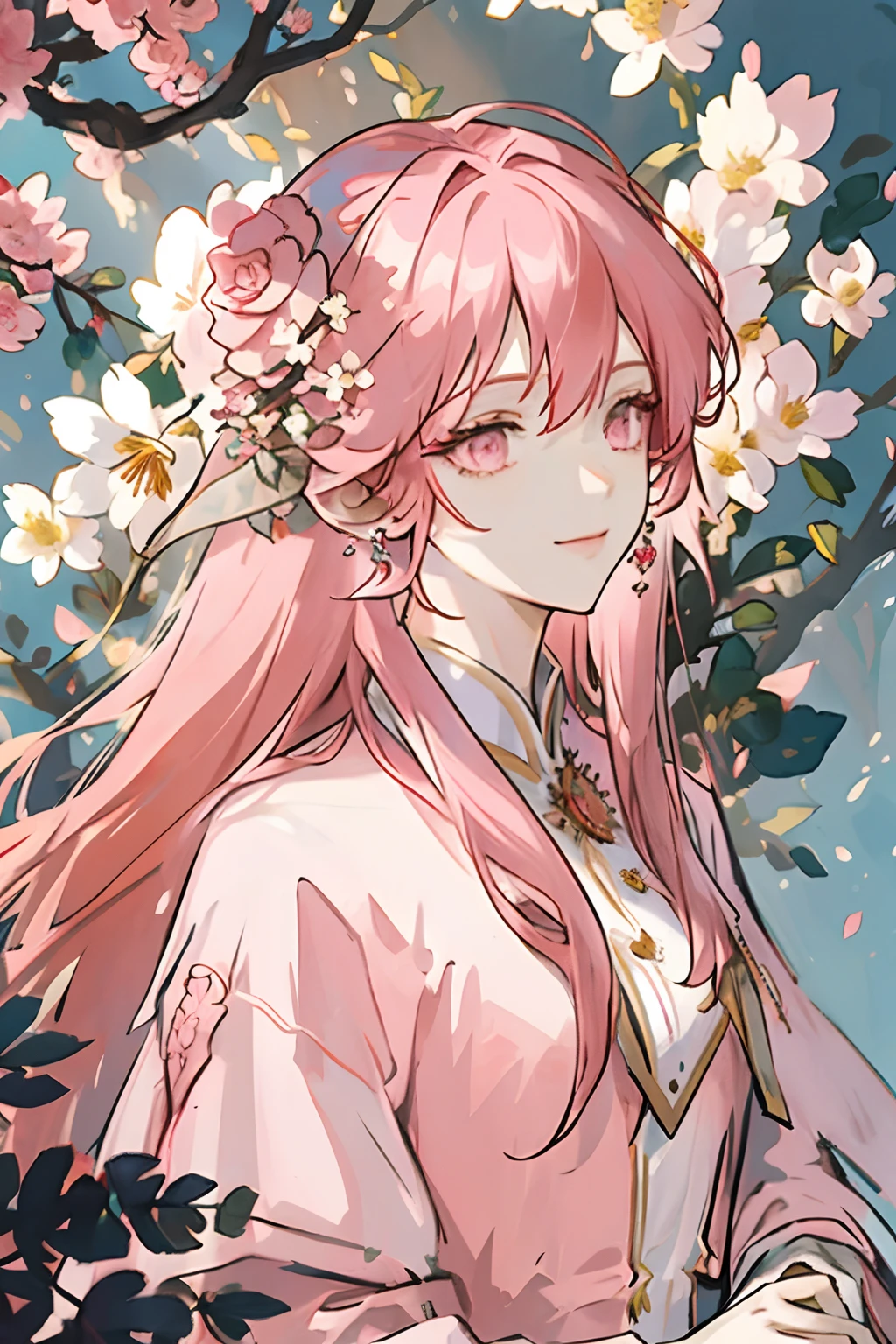 ((masterpiece: 1.2, best quality)), 1 man, long pink hair, pink eyes (handsome: 1.4), white suit, fantasy, uniform, royalty, forest, blooming flowers, sunlight, fantastic light and shadow , landscape, extremely detailed face, portrait, smile, red earrings, wizard,