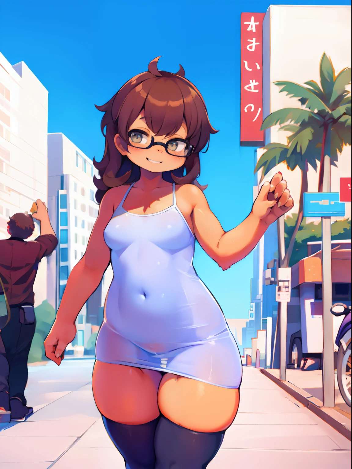 Cartoon Caricature, adorable, The woman,Big-eyed brown-eyed woman in glasses, smileing, Walking in a city, Lightweight Sexy Translucent Tight Short Dress, fluffy brown pubic hair , Thick legs , Rounded Thighs, Spicy Small Natural Breasts, Half-turn picture, looks into the eyes of the viewer,  saturated colors, Very valuable details, complex details, voluminous lighting, Digital Art, 8K, Trending on ArtStation, Clear Focus, complex details, higly detailed, by Greg Rutkowsky, Big mischievous eyes, hight resolution, Long brown slightly wavy hair, fluttering in the wind