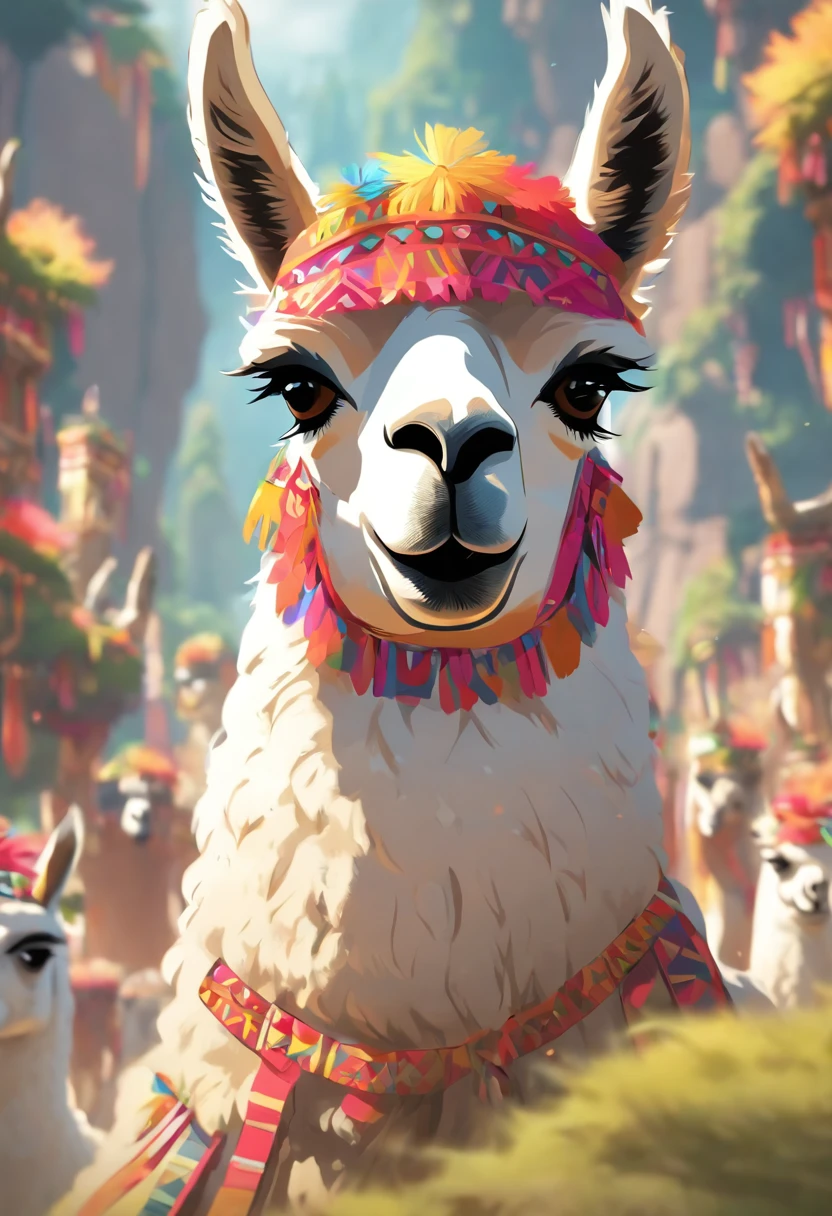 (((llama head man body))) best quality, very high resolution, 4K detailed CG, masterpiece, alpaca head, Inca people, Inca tribes, Inca city, forest, aesthetics, beautiful image, centered on screen , whole body