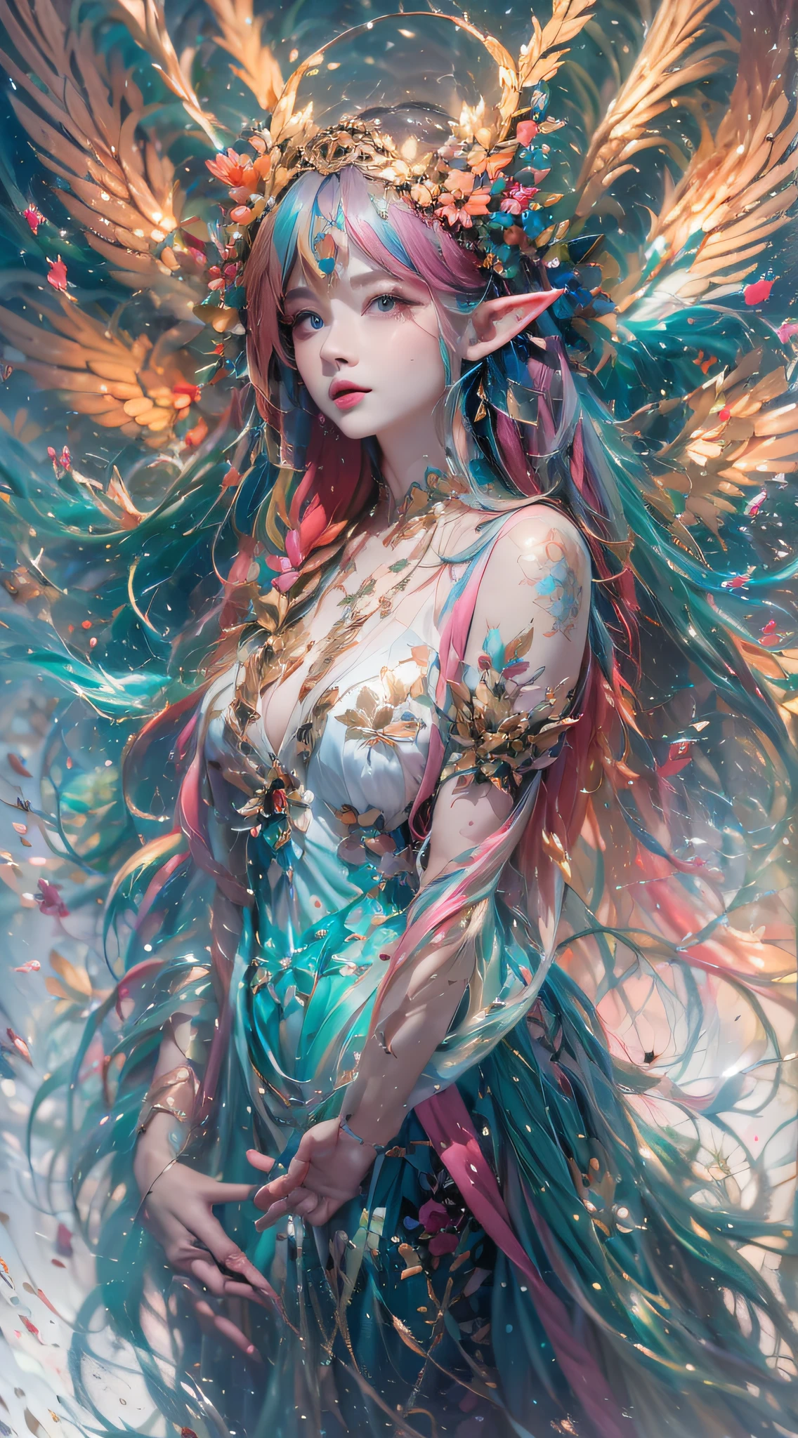 ( Absurd, High quality, Ultra-detailed, Masterpiece, concept-art, smooth, high detail artwork, Hyper-realistic painting , high resolution, paint splatter, colored splashing, Splash of Ink, colored splashing), (( Rainbow hair)),elf, Plum elf, plum , Transparent fairy wings, wearing only his underwear,huge tit,low chest,fairytale-like, Romantic, Vivid, Whole body,hand behind back,Malu,largeeyes,(Eye focus),Cosmic eyes,Full body photo,Space eyes,In nature with waterfalls,PureErosFace_V1,Urzang-6500-V1 version.1,