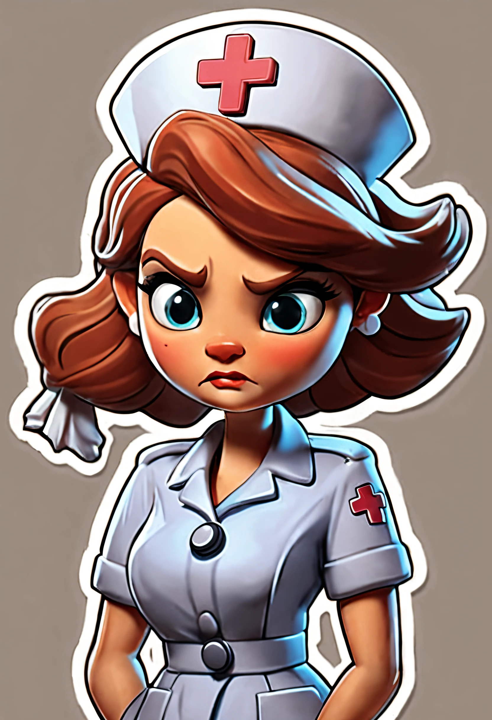 A vector t-shirt design of a cartoonish zombie nurse with green skin, stitches, and a cute nurse cap, holding a syringe filled with spooky green liquid. Text: 'Nurse by Day, Zombie Slayer by Night'. Halloween-themed, colorful and cute style. Plain white background 