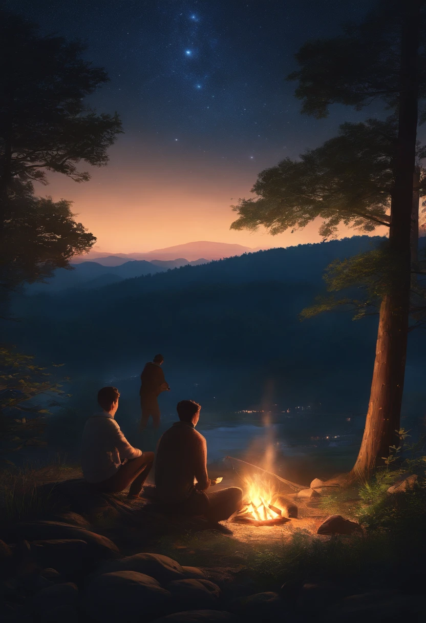landscape, summer, night, forest, campfire in one place, unmanned, nobody, starry sky, HD detail, ultra detail, film, hyper realism, soft light, deep focus bokeh, ray tracing, hyper realism. , Art Station pixiv Gwise, Makoto Shinkai, Art Germ