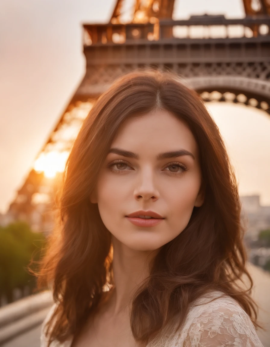 mulher (feminino) atraente proximos a torre eiffel, Cabelos castanhos, Pose atraente, Sun behind, vista atraente,medium shot