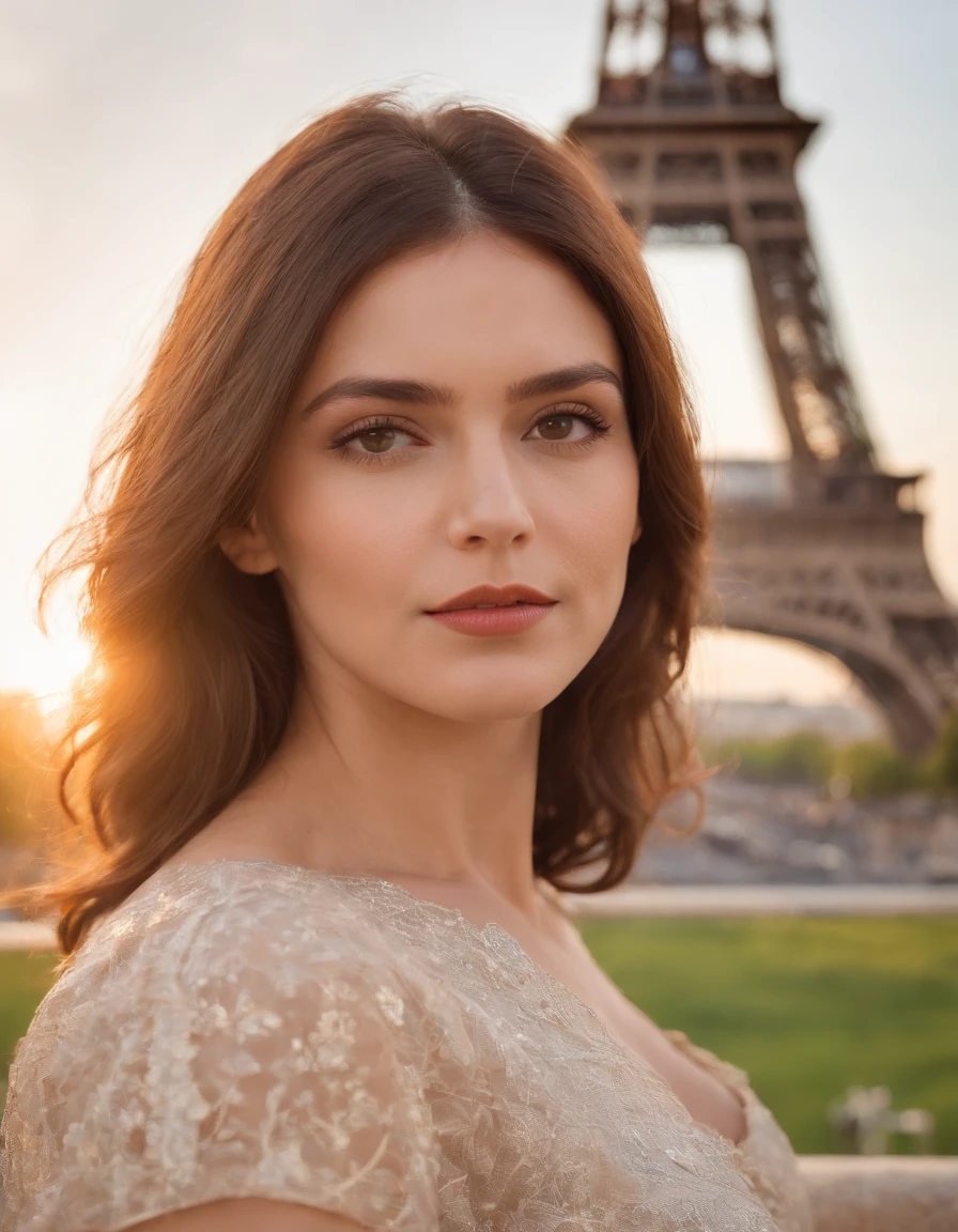 femme (femelle) Attractive near the Eiffel Tower, cheveux brune, pose attrayante, Sun behind, Vue attrayante,Prise de vue moyenne