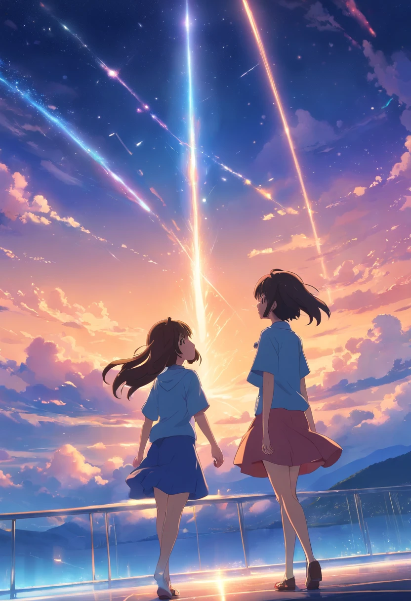tmasterpiece,best qualtiy,cinematic Film still from,Floating in the sky,closeup cleavage,brightly,cheerfulness,Warm and soft lighting,the night,starrysky,kosmos,meteors(spark of light:0.7)