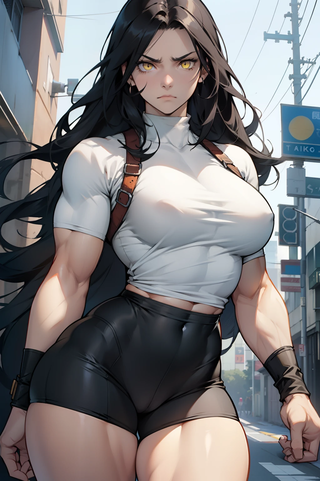 (((1girl muscular))) black hair very long hair yellow eyes pale skin angry tight shirt (thick thighs wide hips perky breasts)