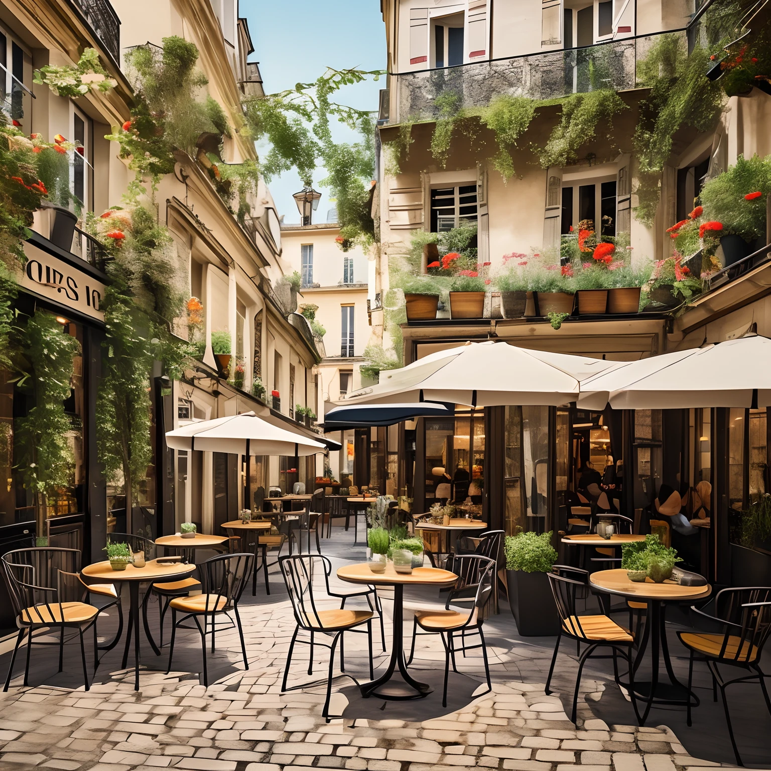 Cafes in Paris, Super realistic, Street, drinks on table, a chair, Potted plants --auto --s2