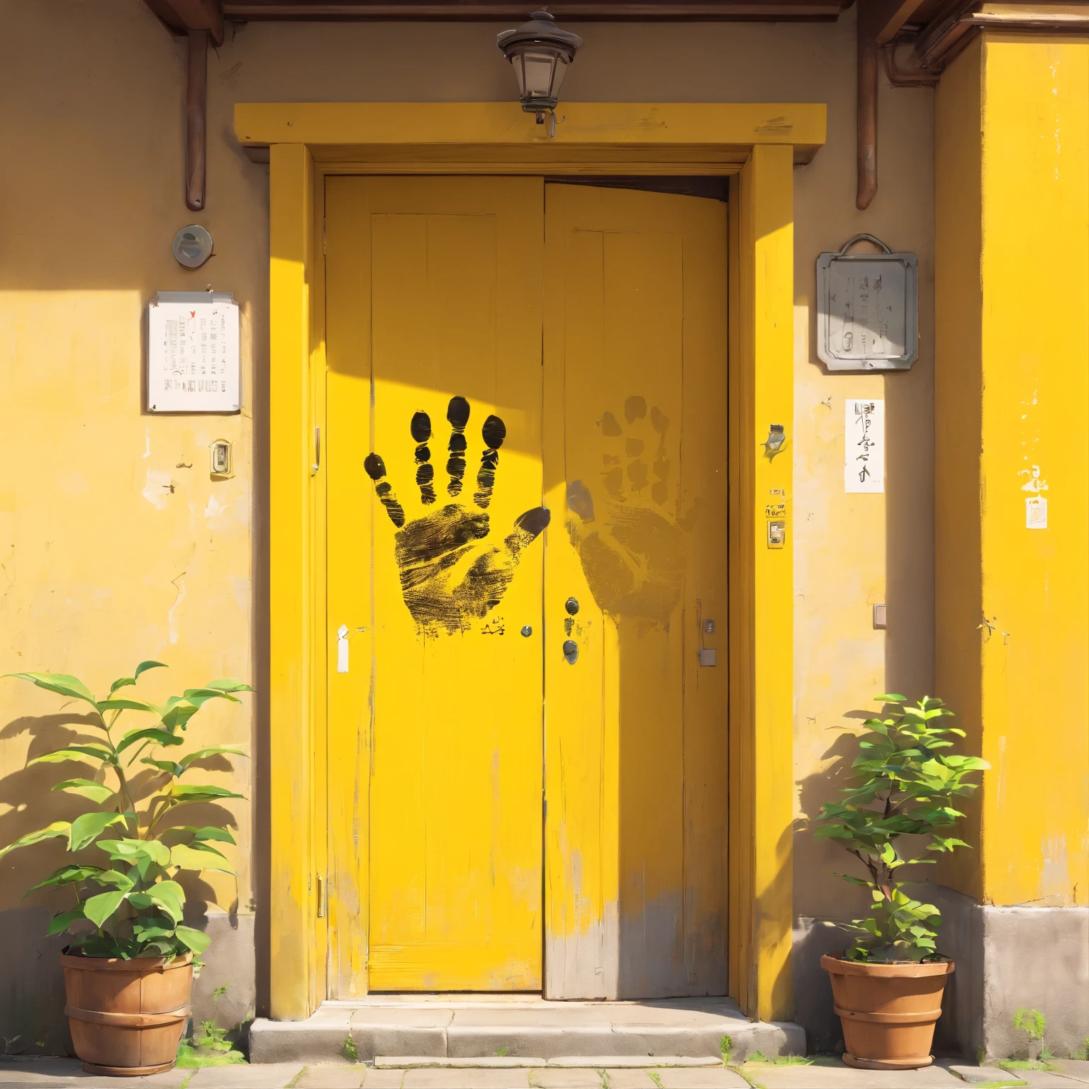 （Handprint on the yellow door）,stencil,, Inspired by Antoni Tapiyes, Hidden hands and face, random detail, Very artistic, Template art, hand painted textures,  Rustic, Masterpiece!!, Spray on the door, Artistic interpretation