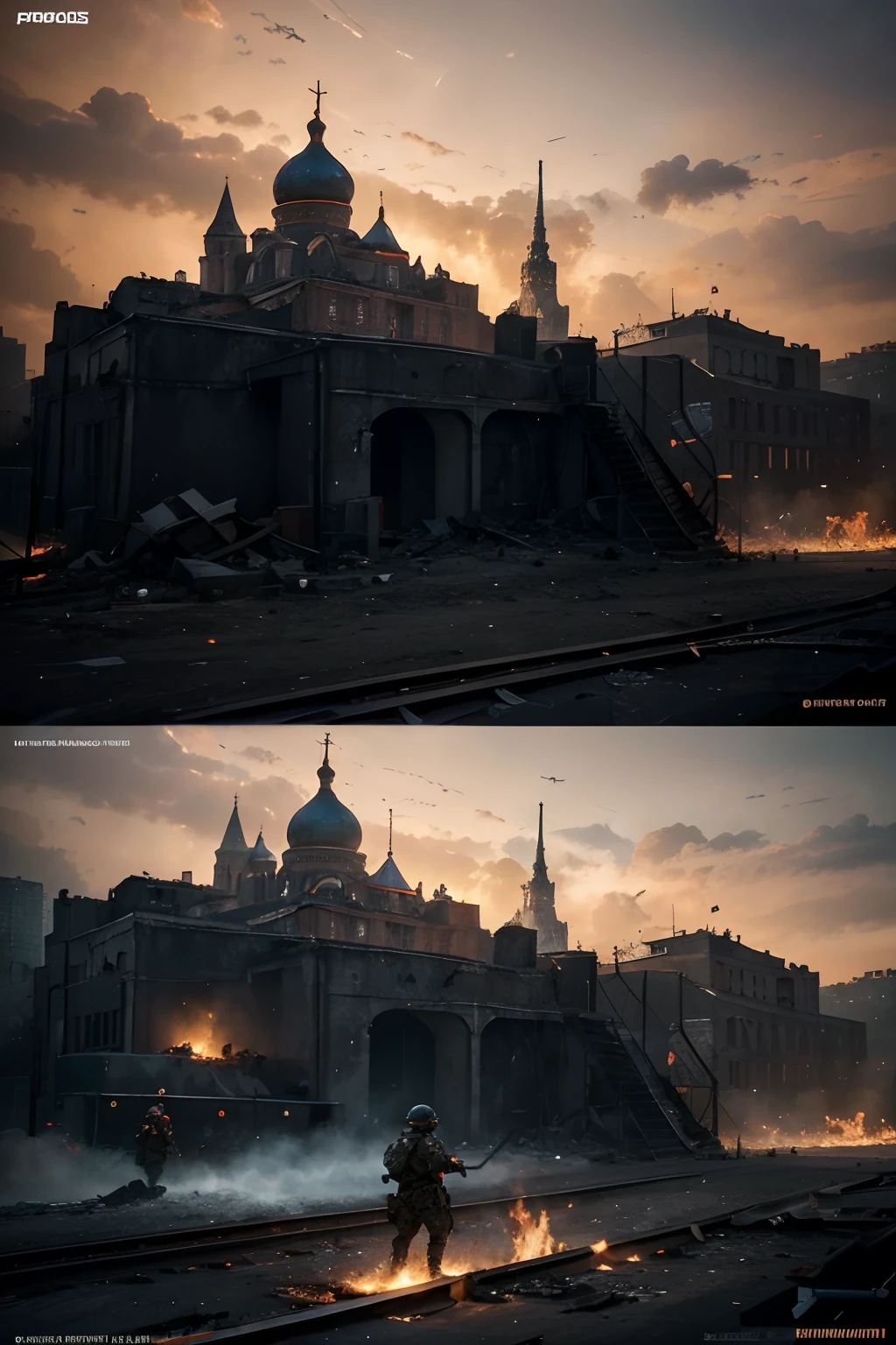 Create a highly detailed and visually captivating depiction of a scene that showcases the following elements: the Kremlin in flames, modern soldiers engaged in combat, and a meticulously crafted matte painting. The artwork should be rendered in stunning 8K resolution, with vibrant urban scenes featuring urban decay and destruction caused by the war and fire. Utilize deep colors and complementary color schemes to enhance the overall impact of the composition. Focus on capturing the intensity and chaos of the fighting soldiers while ensuring that the scene remains aesthetically pleasing. Aim for the artwork to be of the highest quality, with intricate detailing and a seamless integration of all elements. Consider incorporating trending artistic techniques found on platforms like Artstation to appeal to contemporary audiences. Moreover, maximize the visual impact of the artwork by employing HDR and UHD technologies, pushing the boundaries of what is possible in terms of color, contrast, and realism. Strive to create a masterpiece that will captivate viewers and leave a lasting impression.