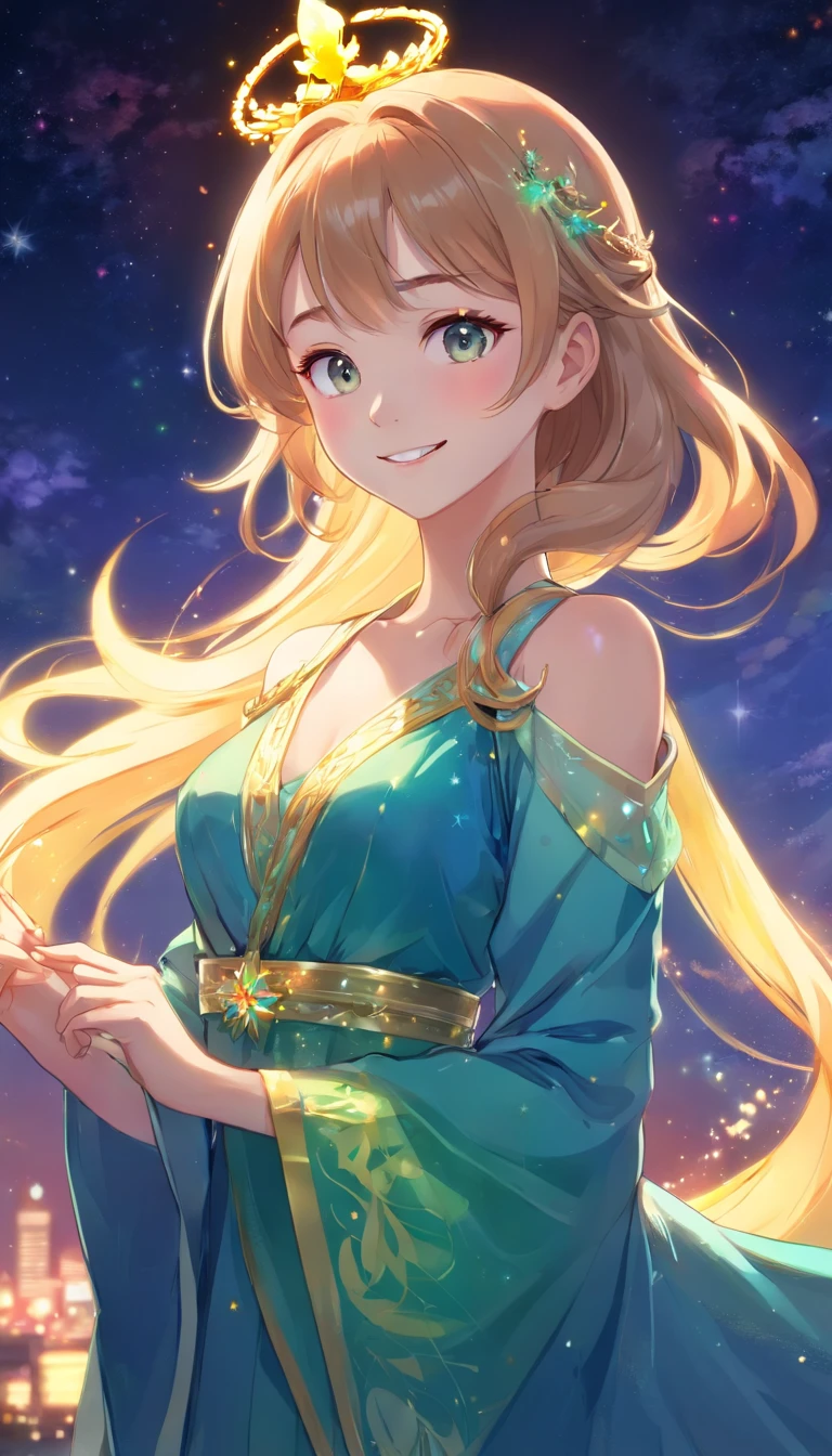 theme:Flame Fairy、 Drawing illustrations of Kagaya Jocho。 The theme is the moon fairy、The figure of a 20-year-old girl、Drawing with the characteristic touch of Minoru Kagaya。 Hair and costumes、Detailed。 The background is、Beautiful cosmic starry sky、The Northern Lights are in the night sky、In the aurora borealis a flame fairy stands in a large crescent moon。Hair is、short-cut、One-length chestnut color、The tips of her hair glow golden reflecting the light of the Northern Lights、The costumes are、Draw a long dress that is translucent and can see through the other side around the body.、Underneath that dress is、Wearing a red dress。 Illustration by Minoru Kagaya is、It has the following features。 Drawn with fine lines、Delicate touch。 Beautiful expression of light and shadow。 The use of colors is vivid、Impression。 Keeping these characteristics in mind、When you draw an illustration、You can get closer to the illustration of Minoru Kagaya。 super detailed image、Neat beautiful face、Big eyes、Zagitova、A shiny golden tiara hair ornament on the head、In the hands、loimu、Scatter particles of light in the background。Draw more close-ups of your face。Gently showing a little white teeth and smiling、Smile、Harajuku