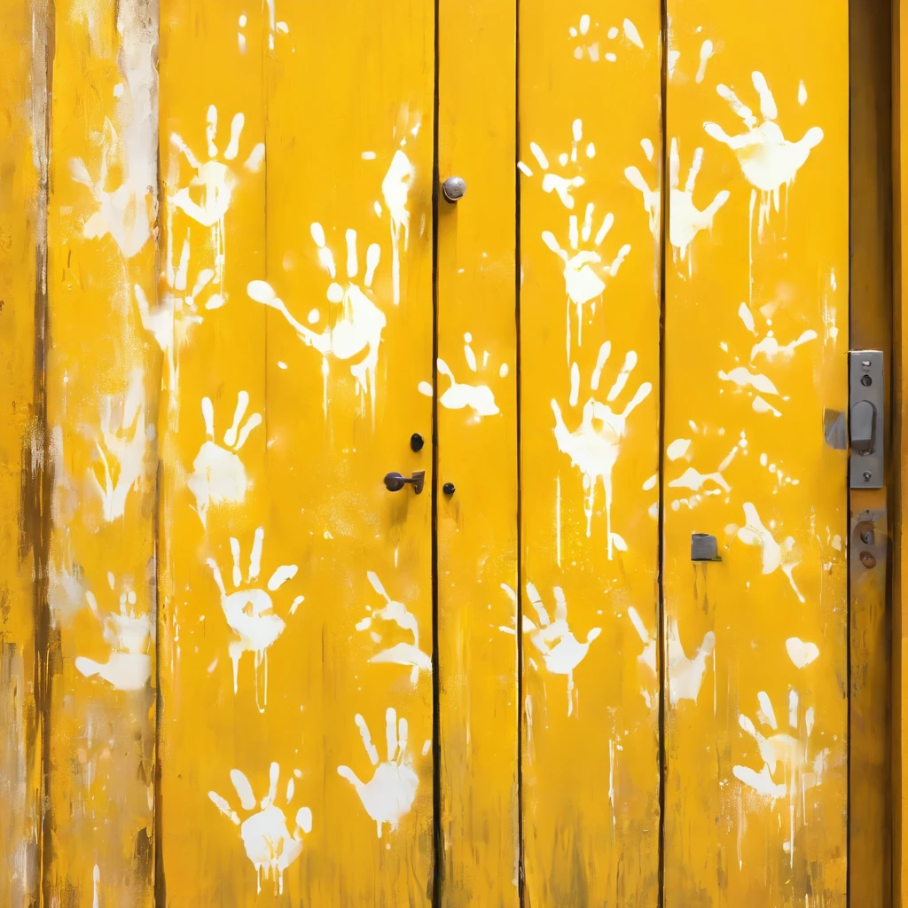 （White handprint on yellow door）,stencil,, Inspired by Antoni Tapiyes, Hidden hands and face, random detail, Very artistic, Template art, hand painted textures,  Rustic, Masterpiece!!, Spray on the door, Artistic interpretation