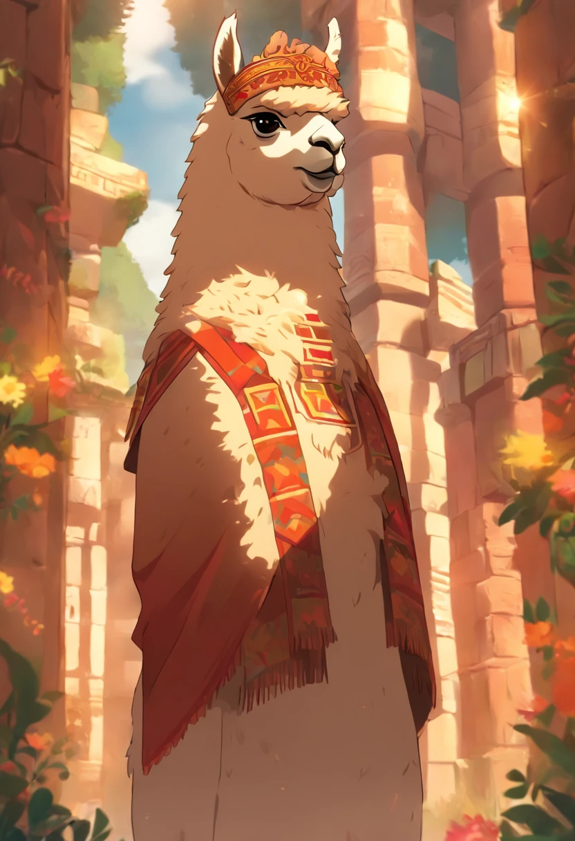 (((Man body and alpaca head))) best quality, very high resolution, 4K detailed CG, masterpiece, Inca mythology, Urcuchillay, sun in the background, Inca, standing pose, alpaca head, Inca clothing , inca temple,forest, ((alpaca head, man's body)), egyptian palace, aesthetics, beautiful image, centered on screen, standing pose