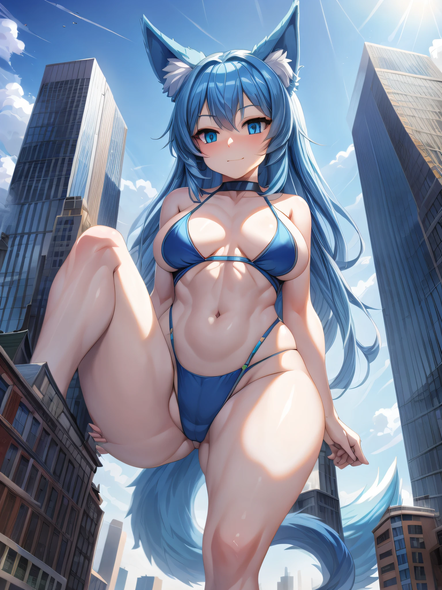(Masterpiece) (High Detail) (High Res) A ite humanoid girl with pale human skin and blue eyes and long blue hair and blue dog ears and a fluffy dog tail and average breasts is a giant and towering over people and buildings below. She is kicking over a skyscraper. Macro, Macrophelia, Mega-macro, Micro.