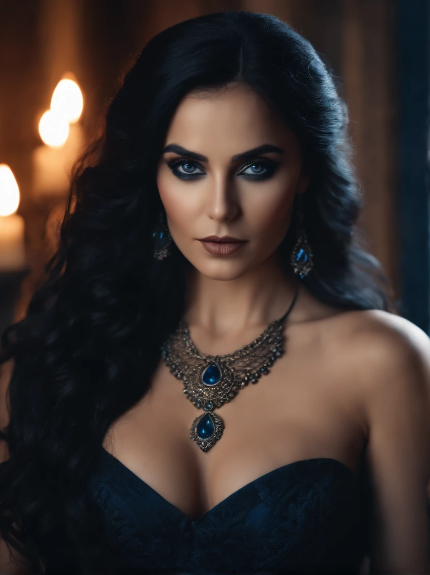 8k portrait of a beautiful necromancer with black hair, intricate, elegant, Highly detailed, majestic, Digital photography, (Masterpiece, Side lighting, Beautiful finely detailed eyes: 1.2), HDR, (Detailed background courtyard at night) eyes blue, black dress, dark magic, ice and fire spells coming out of her hands, huge breasts.