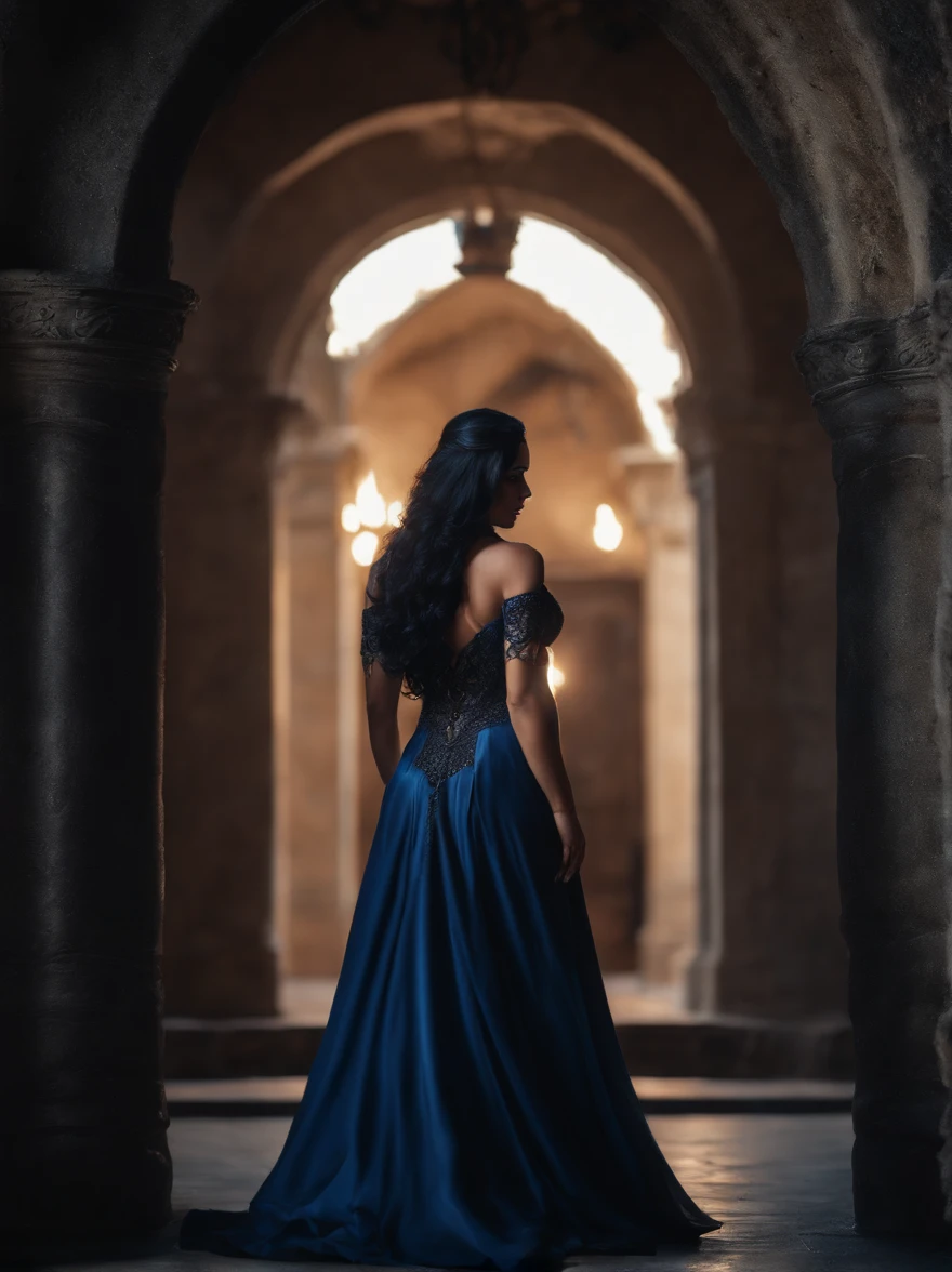 8k portrait of a beautiful necromancer with black hair, intricate, elegant, Highly detailed, majestic, Digital photography, (Masterpiece, Side lighting, Beautiful finely detailed eyes: 1.2), HDR, (Detailed background courtyard at night) eyes blue, black dress, dark magic, ice and fire spells coming out of her hands, huge breasts.