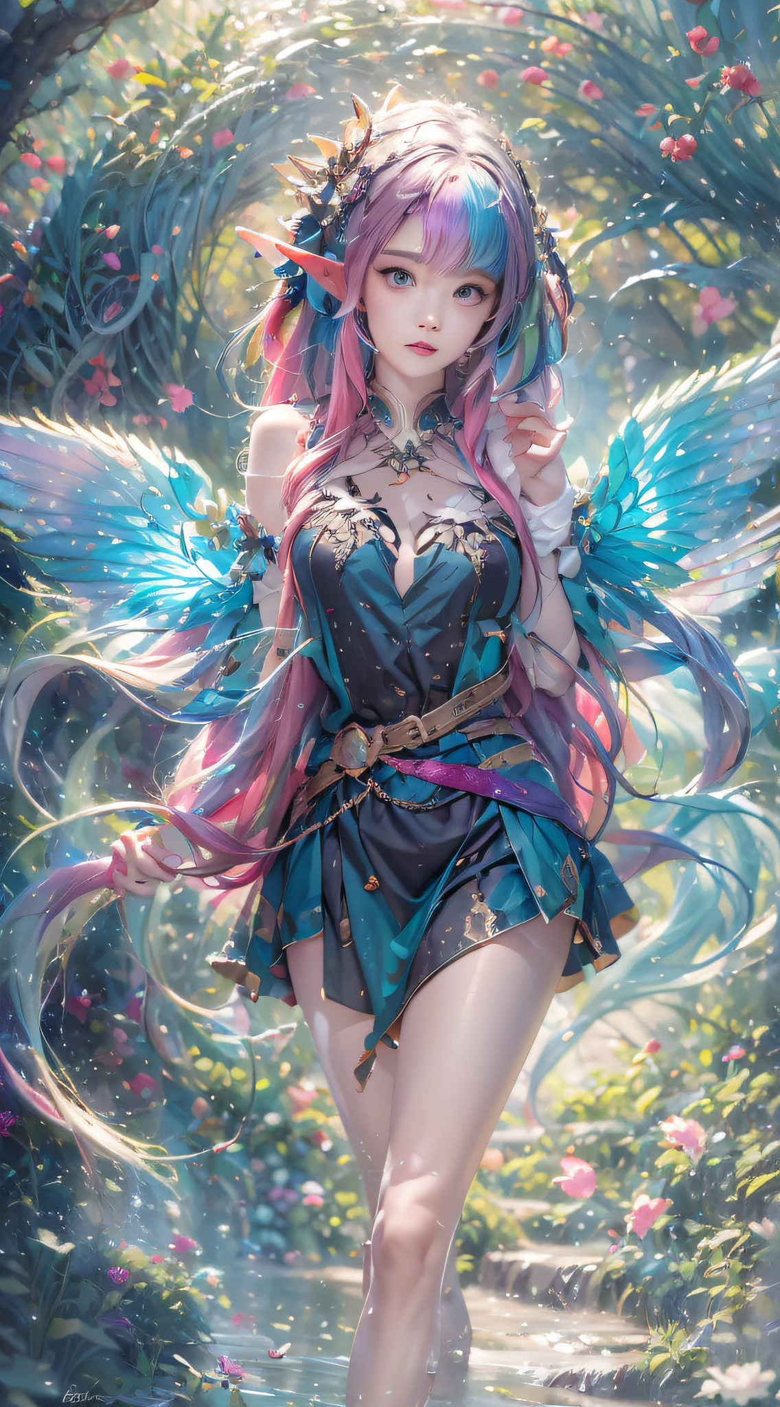 ( Absurd, High quality, Ultra-detailed, Masterpiece, concept-art, smooth, high detail artwork, Hyper-realistic painting , high resolution, paint splatter, colored splashing, Splash of Ink, colored splashing), (( Rainbow hair)),elf, Plum elf, plum , Transparent fairy wings, wearing only his underwear，huge tit，low chest，fairytale-like, Romantic, Vivid, Whole body,hand behind back，Malu，largeeyes，（Eye focus），Cosmic eyes，Space eyes，In nature with waterfalls，pureerosface_v1，ulzzang-6500-v1.1，