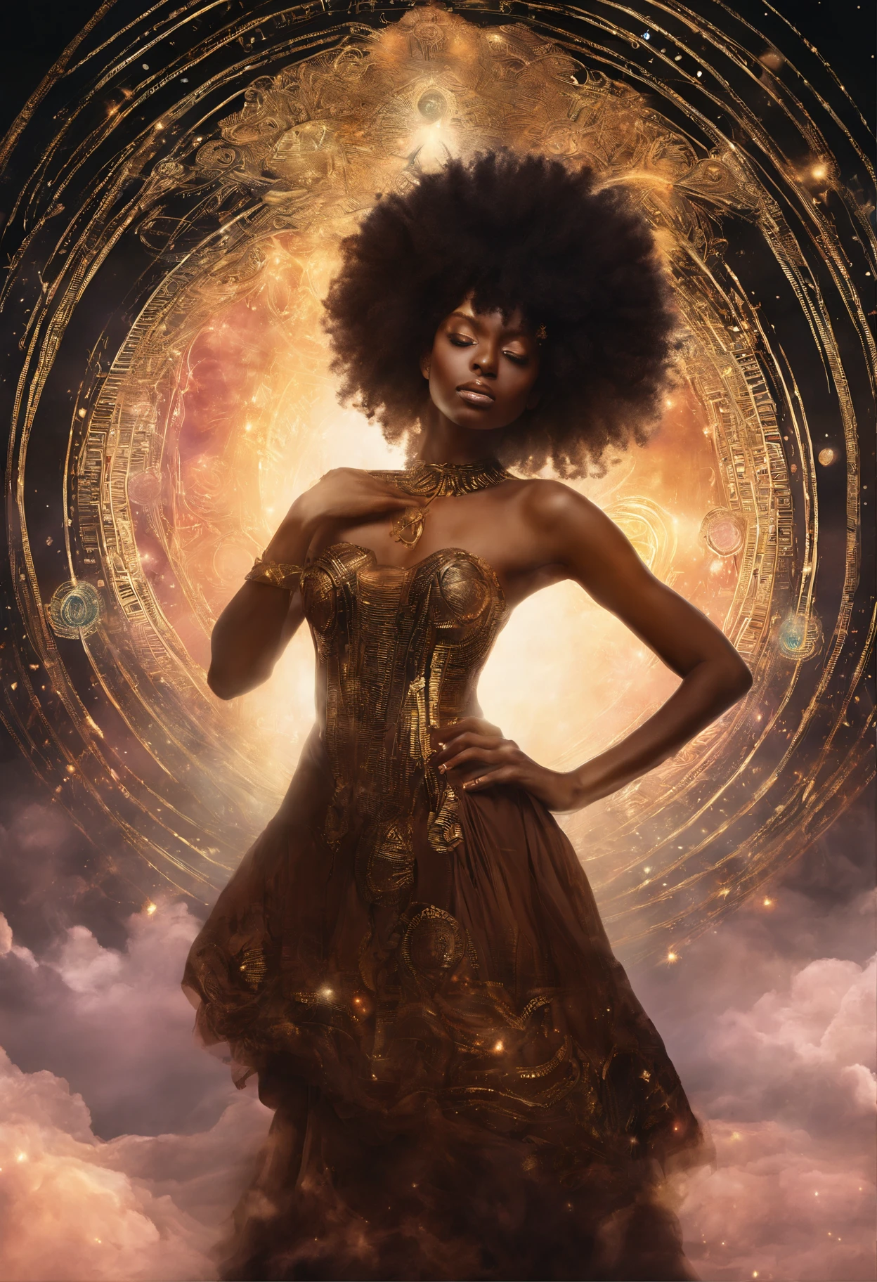 A black woman with super powers she is beautiful with dark brown hair and dark brown eyes she is the holder of the universe she has a Afro too