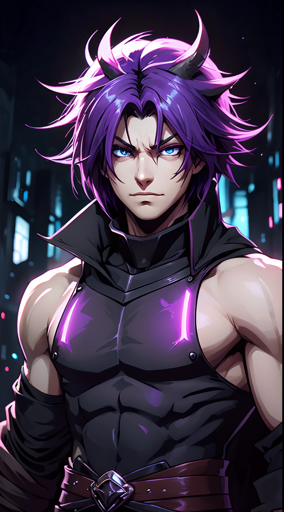 Extremely detailed artwork, best quality, 8k: Anime character with purple hair and glowing eyes against dark background, handsome guy in demon slayer art, epic fantasy art style epic, badass anime 8k, epic fantasy digital art style, detailed anime digital art, male demon human, portrait of the underworld , epic fantasy art style hd, expressive fierce 8k, male demon, extremely detailed artgerm.