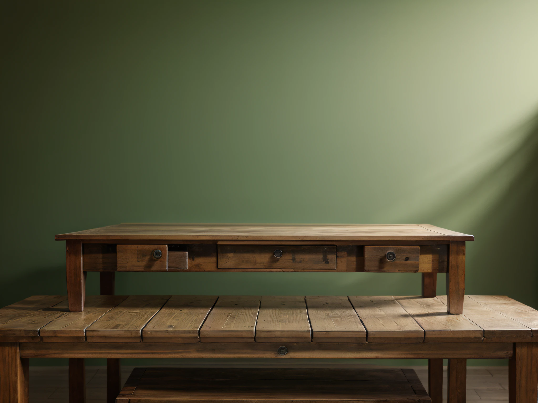 Empty wooden table over green background, for product display montage. High quality photo