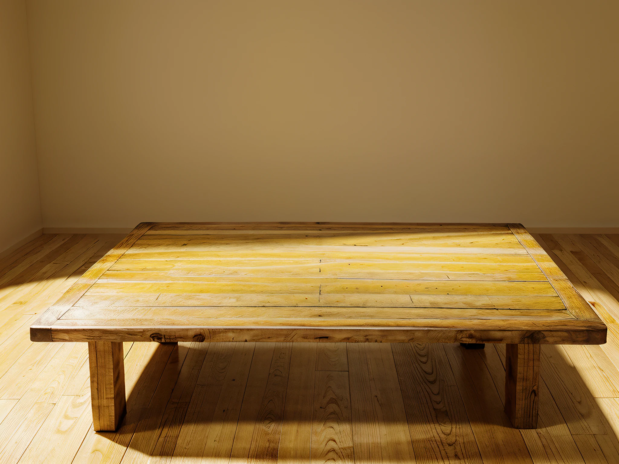 mesa de madera rustica de color claro, Empty on light yellow background,, para montaje de exposicion de contenido, uhd, 8k