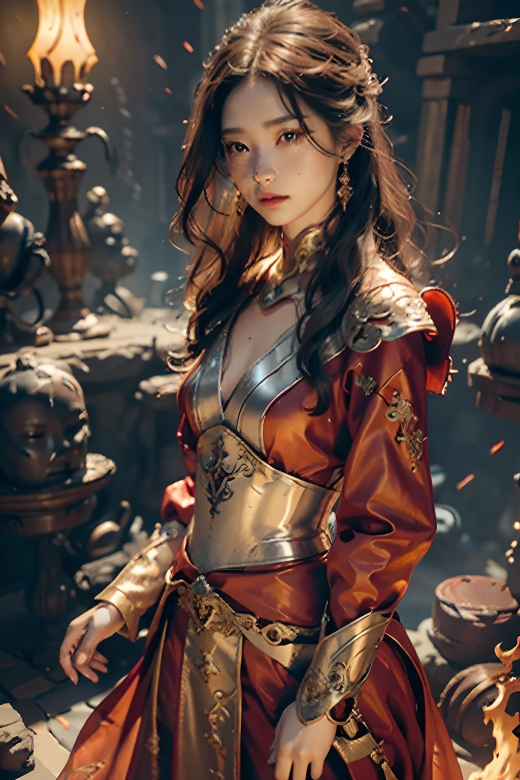{{master piece}}, pinnacle rendering, realistic rendering, dark red rendering, metal rendering, {{color ink painting}}}, {{splash ink}}}, {{color}}, {{color}}, gorgeous rendering, best quality, illustration, flame, smoke, doomsday world, splash ink fire sea doomsday, full body, 1 girl, exquisite facial details, delicate facial features, fair face, beautiful detail eyes, deep pupils, broken city details, beautiful details long hair, Wavy hair, broken details street, transparent mechanical core, cyborg girl, detail, tight fit, lace finish, linear light costume retouching, light rendering, reflection, highlight, holy light, confidence, charm, battle stance detail close-up, fire day, {filigree}, colored background, a dragon stands behind the girl, sea of fire, {tornado special effects}, beautiful details red fairy costume (gentle, confident) large depth, depth of field, 360°Panorama screen, fierce and grand battle scenes, broken mirrors, fingers all hidden and not displayed, small mouth closed