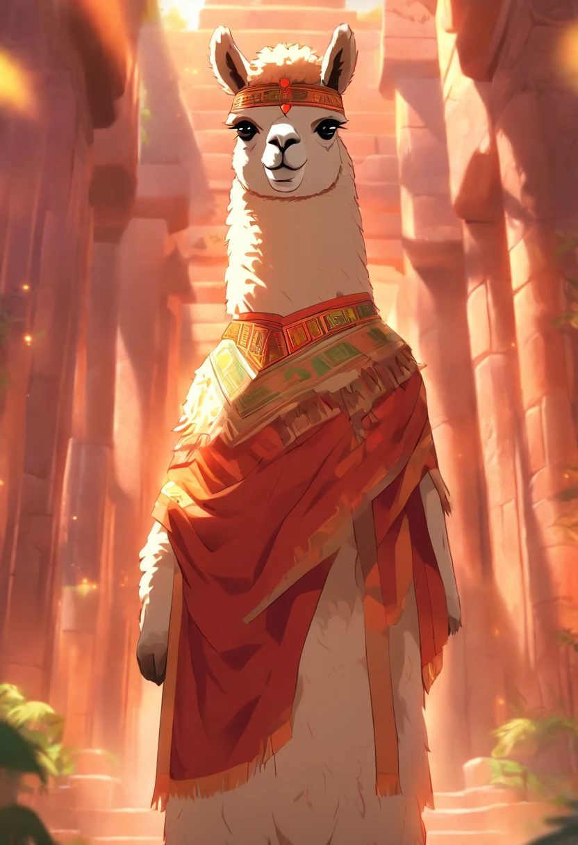 (((Man body and alpaca head))) best quality, very high resolution, 4K detailed CG, masterpiece, Inca mythology, Urcuchillay, sun in the background, Inca, standing pose, alpaca head, Inca clothing , inca temple,forest, ((alpaca head, man's body)), egyptian palace, aesthetics, beautiful image, centered on screen, standing pose
